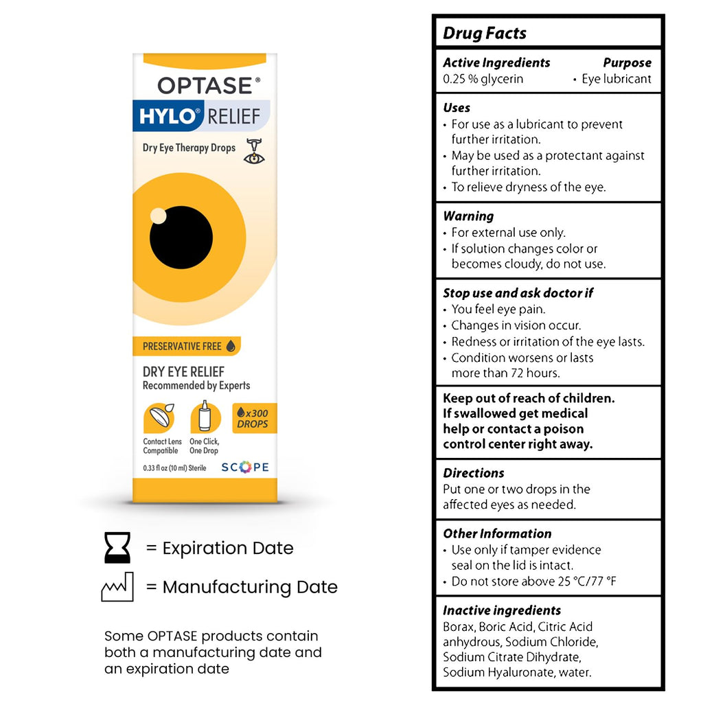 Optase HYLO Relief Dry Eye Drops – Preservative-Free, 0.33 fl oz, 300 Doses, Contact Lens Compatible