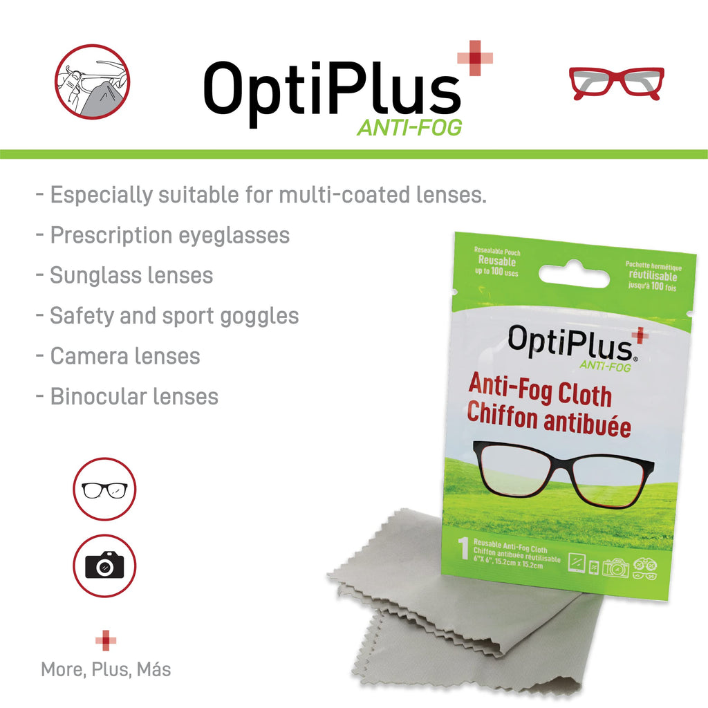 OptiPlus Anti Fog Cloth for Eyeglasses, Goggles, and Shields | Premium Reusable Anti-Fog Treatment | 10 Cloths 1000 uses | Anti-Fog for All Lenses - 10 Pack