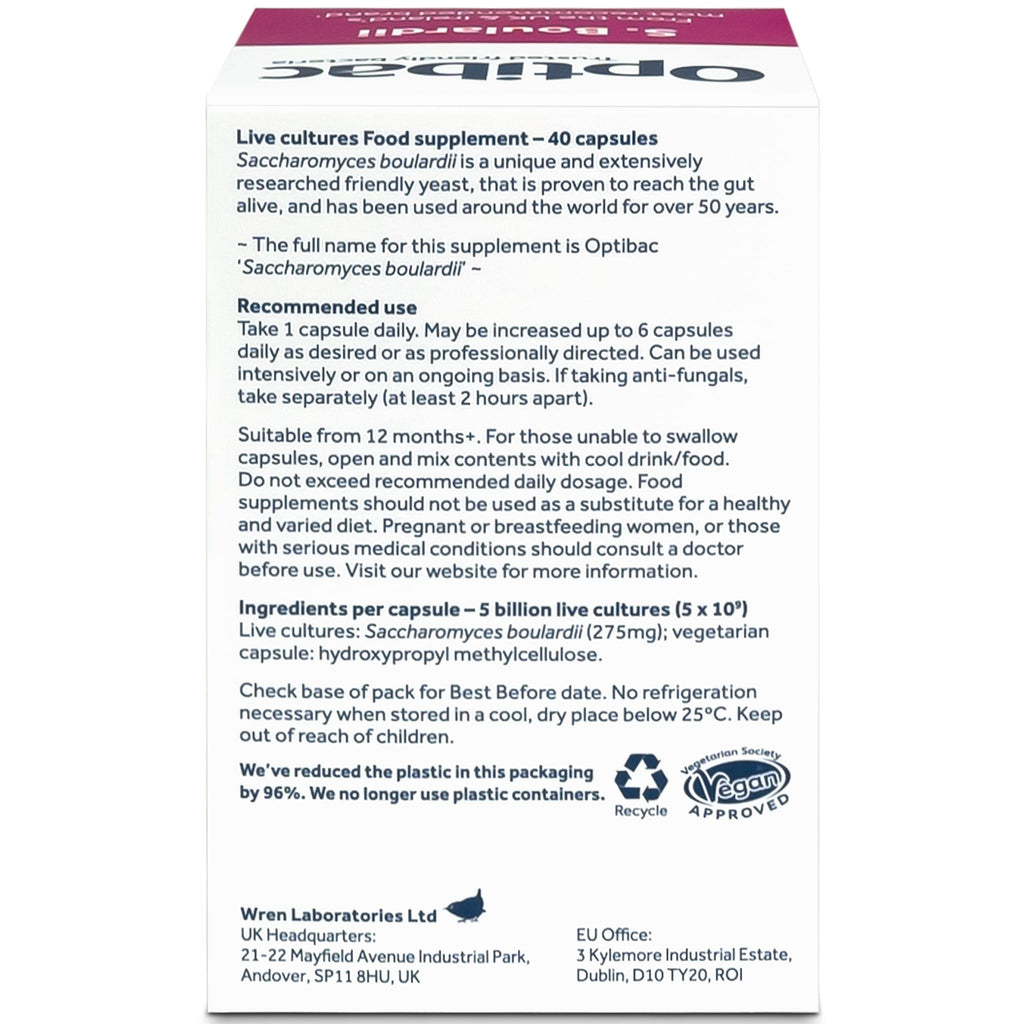 Optibac Probiotics Saccharomyces boulardii – Vegan, 5 Billion CFU, 40 Capsules