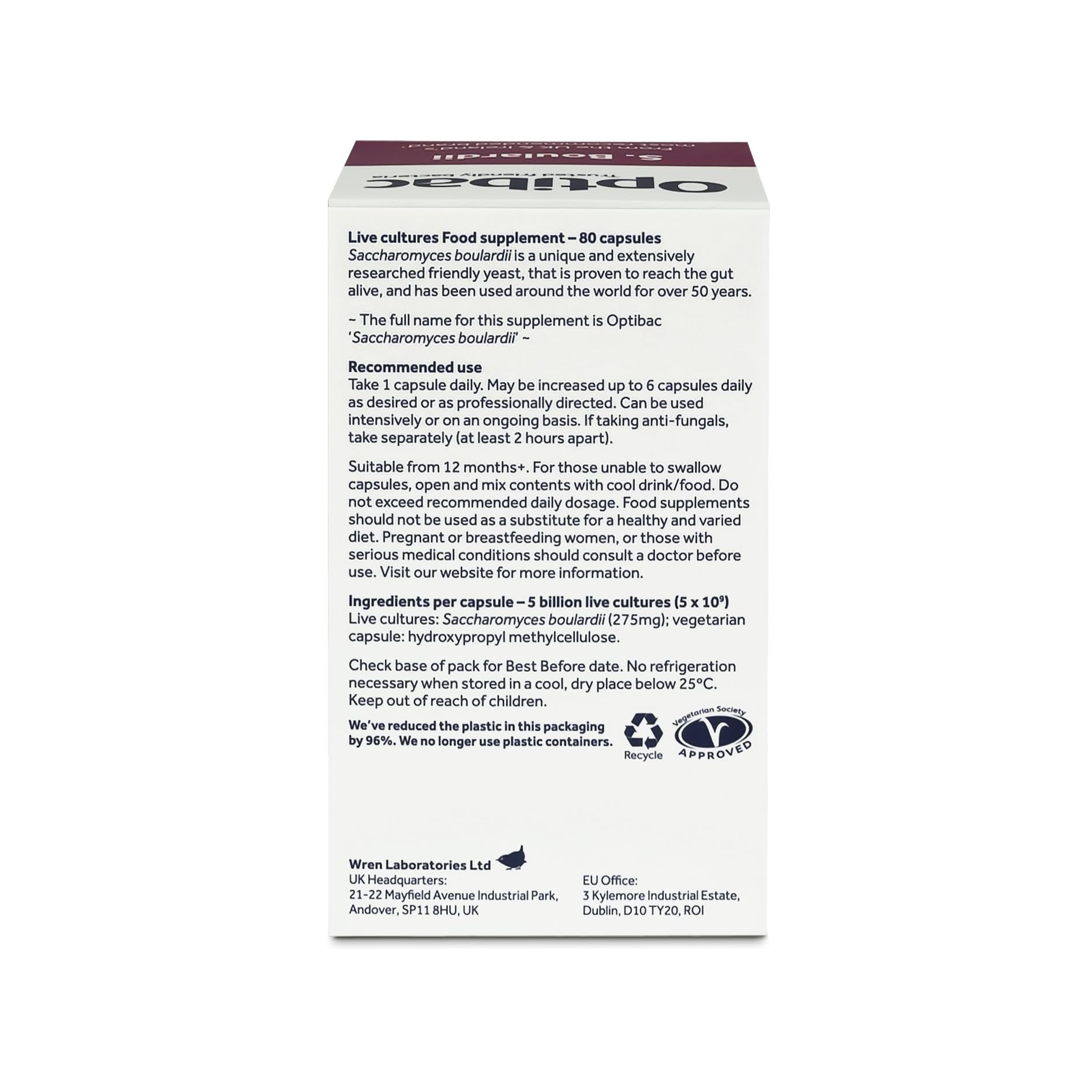OptiBac Saccharomyces boulardii | 5 Billion Live Cultures | Vegan & Gluten Free | 80 Capsules