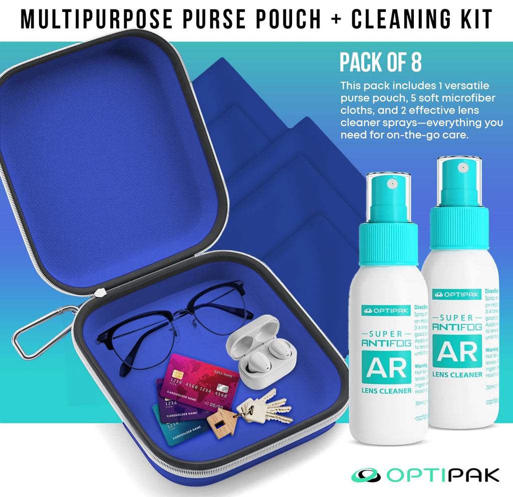 OPTIPAK Anti Fog Lens Cleaner Spray Kit | 2x 1oz Bottles, Pouch & 5 Microfiber Cloths – 8 Piece Set