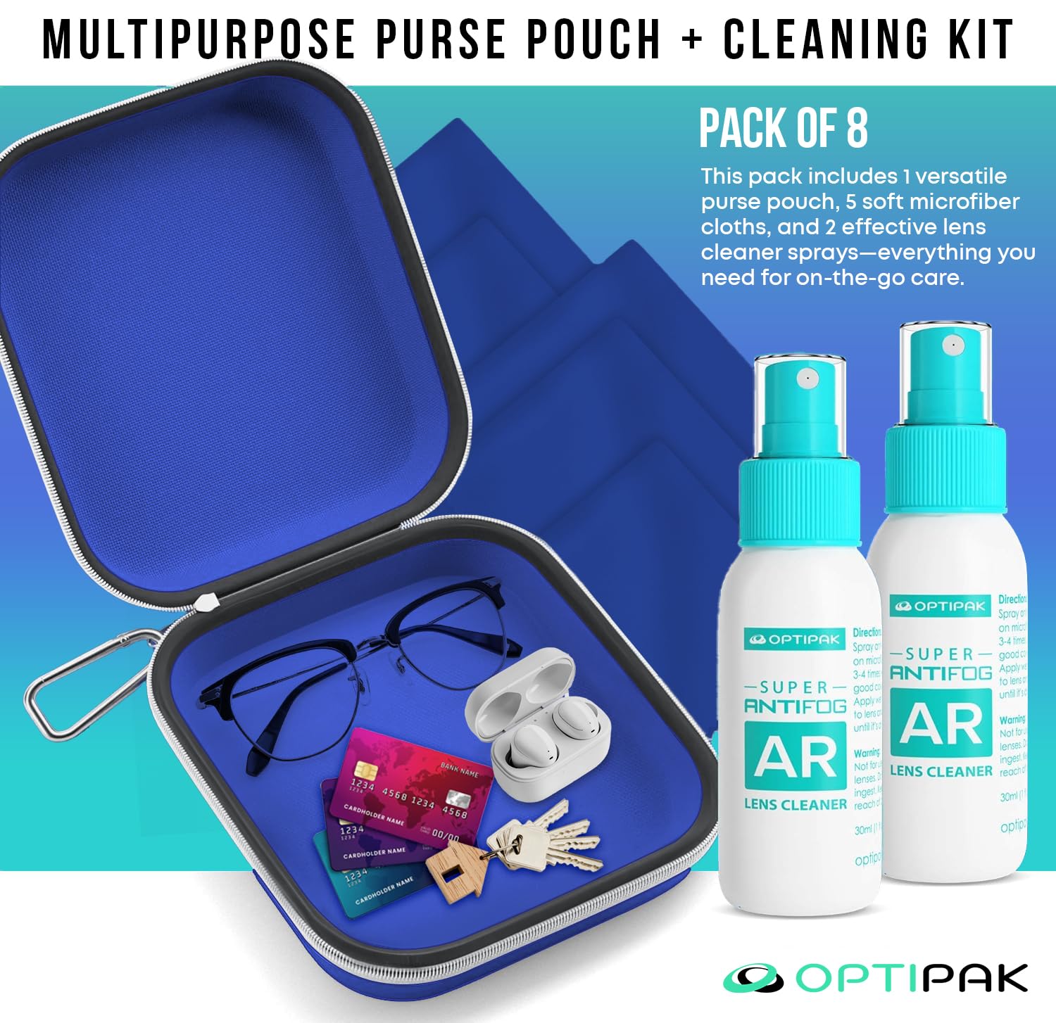 OPTIPAK Anti Fog Lens Cleaner Spray Kit | 2x 1oz Bottles, Pouch & 5 Microfiber Cloths – 8 Piece Set