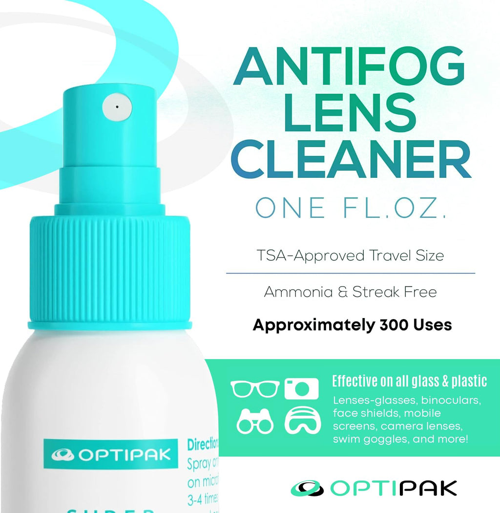 OPTIPAK Anti Fog Lens Cleaner Spray Kit | 2x 1oz Bottles, Pouch & 5 Microfiber Cloths – 8 Piece Set