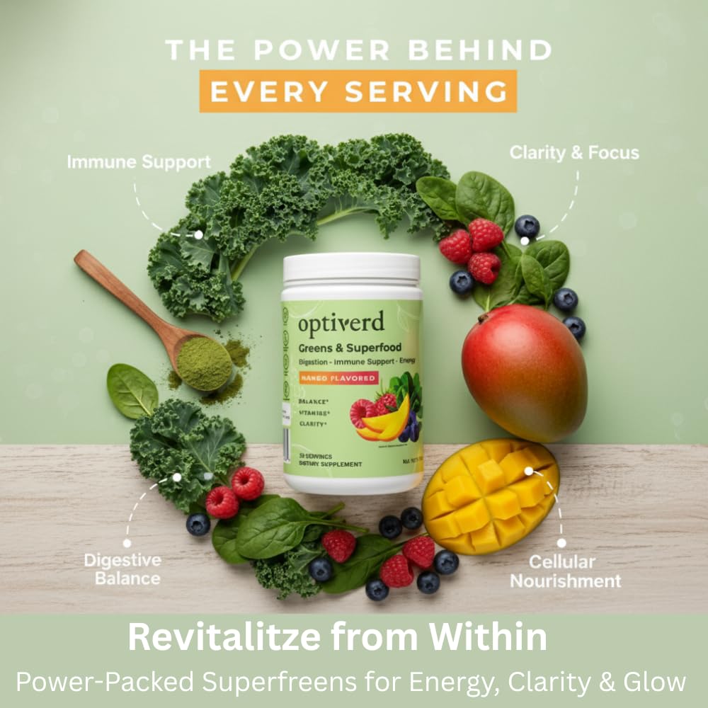 OptiVerd Greens Superfood Powder with Probiotics & Enzymes – Mango, 30 Servings | Organic, Vegan, Gluten-Free