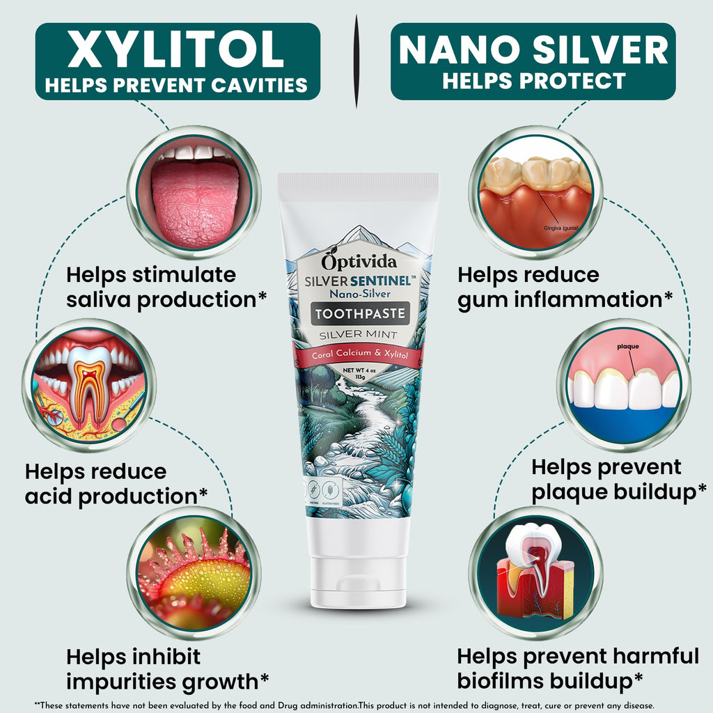 Optivida Fluoride-Free Colloidal Silver Xylitol Toothpaste (2 Pack) – Anti-Cavity, Gum Health, Spearmint, 4oz