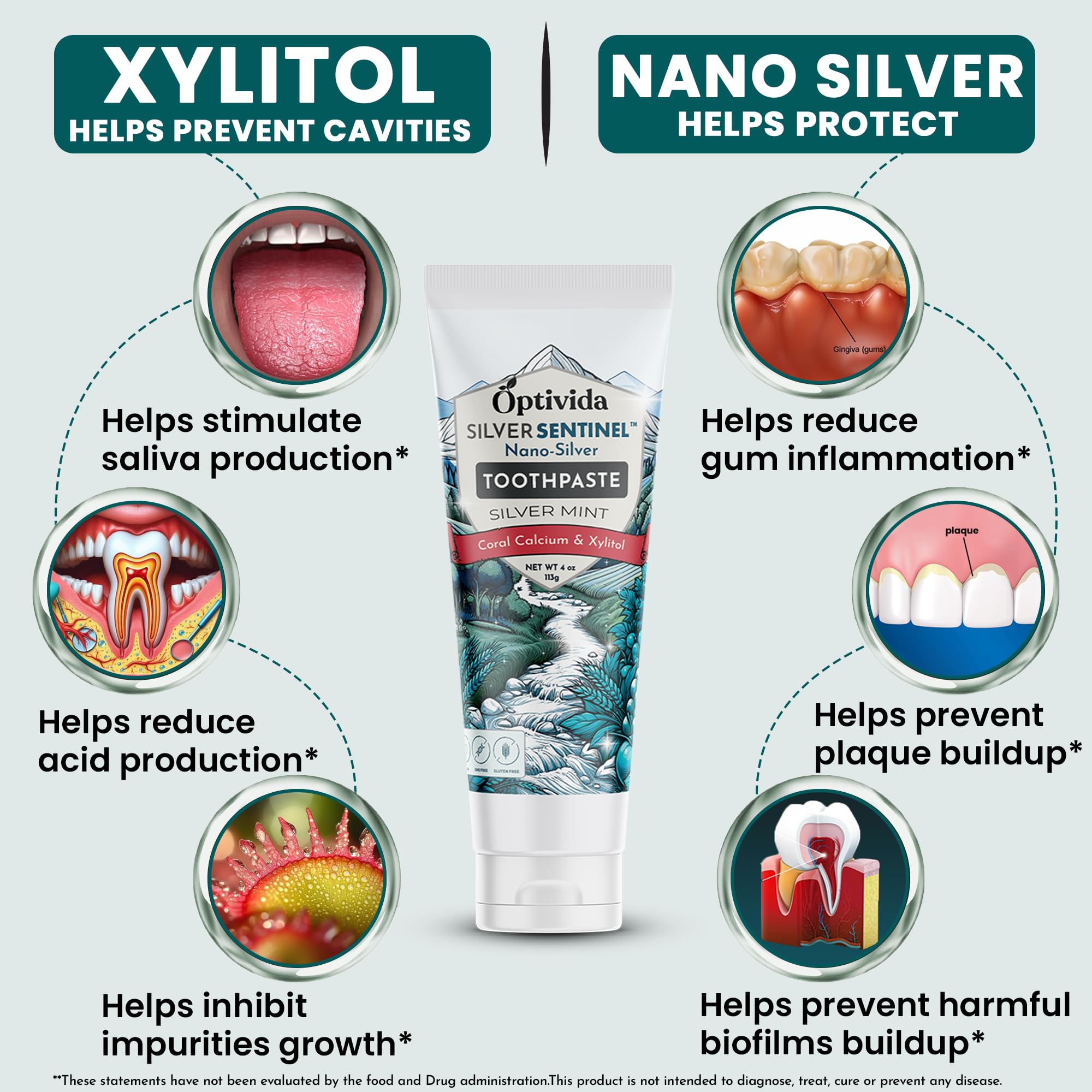Optivida Fluoride-Free Colloidal Silver Xylitol Toothpaste (2 Pack) – Anti-Cavity, Gum Health, Spearmint, 4oz
