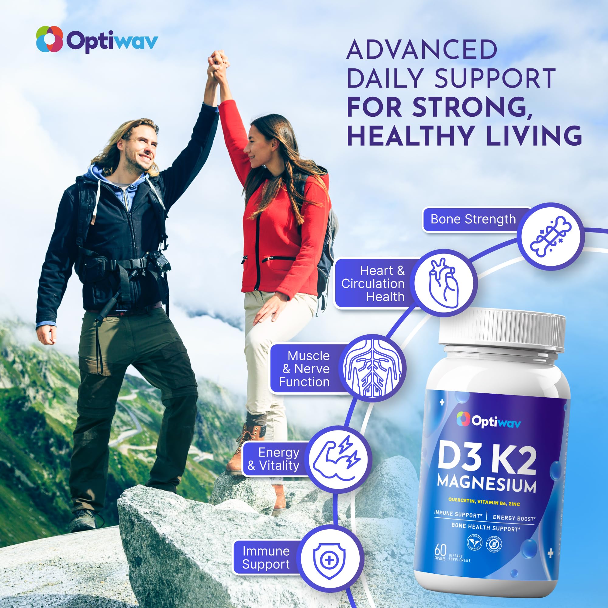 Optiwav D3 K2 Magnesium - Bone Health, Immune & Energy Support