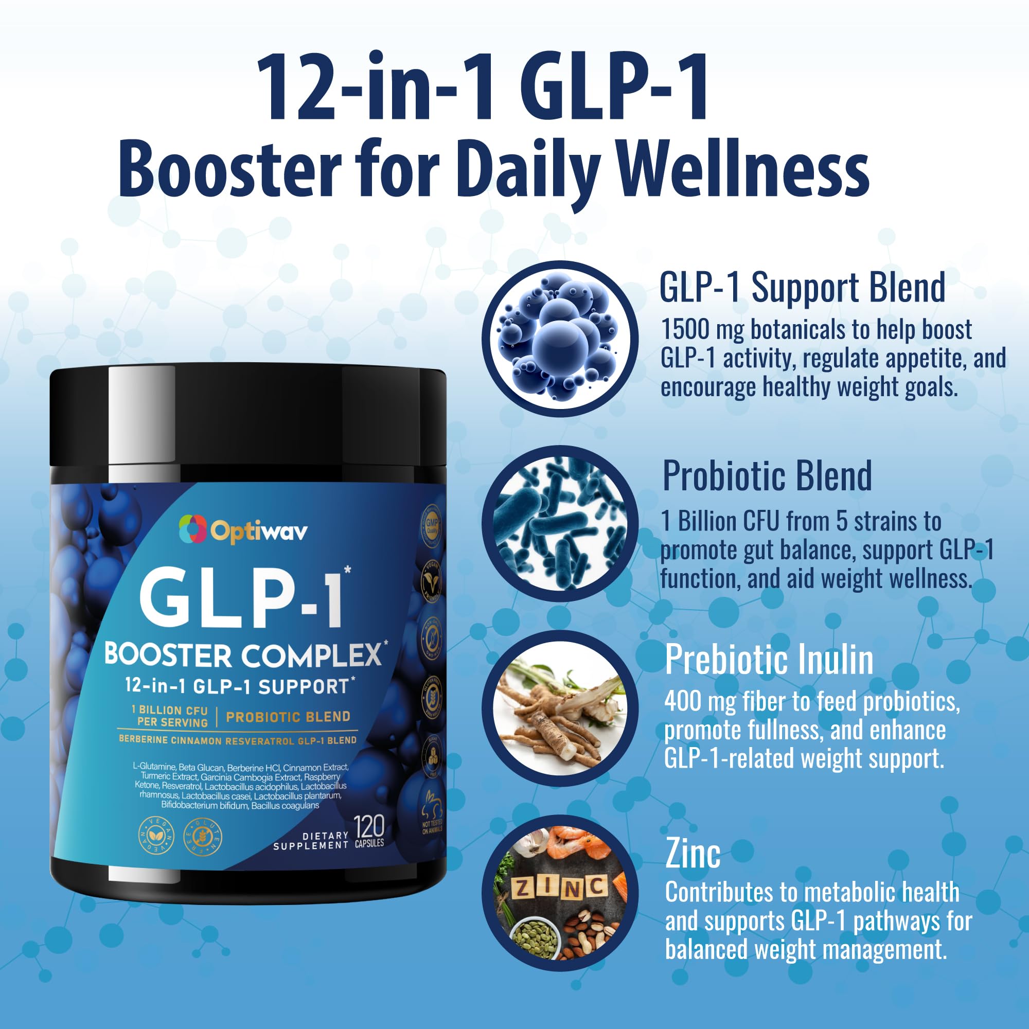 Optiwav GLP-1 Probiotic Weight Loss Supplement - Natural GLP-1 Booster for Appetite Control, Metabolism & Gut Health