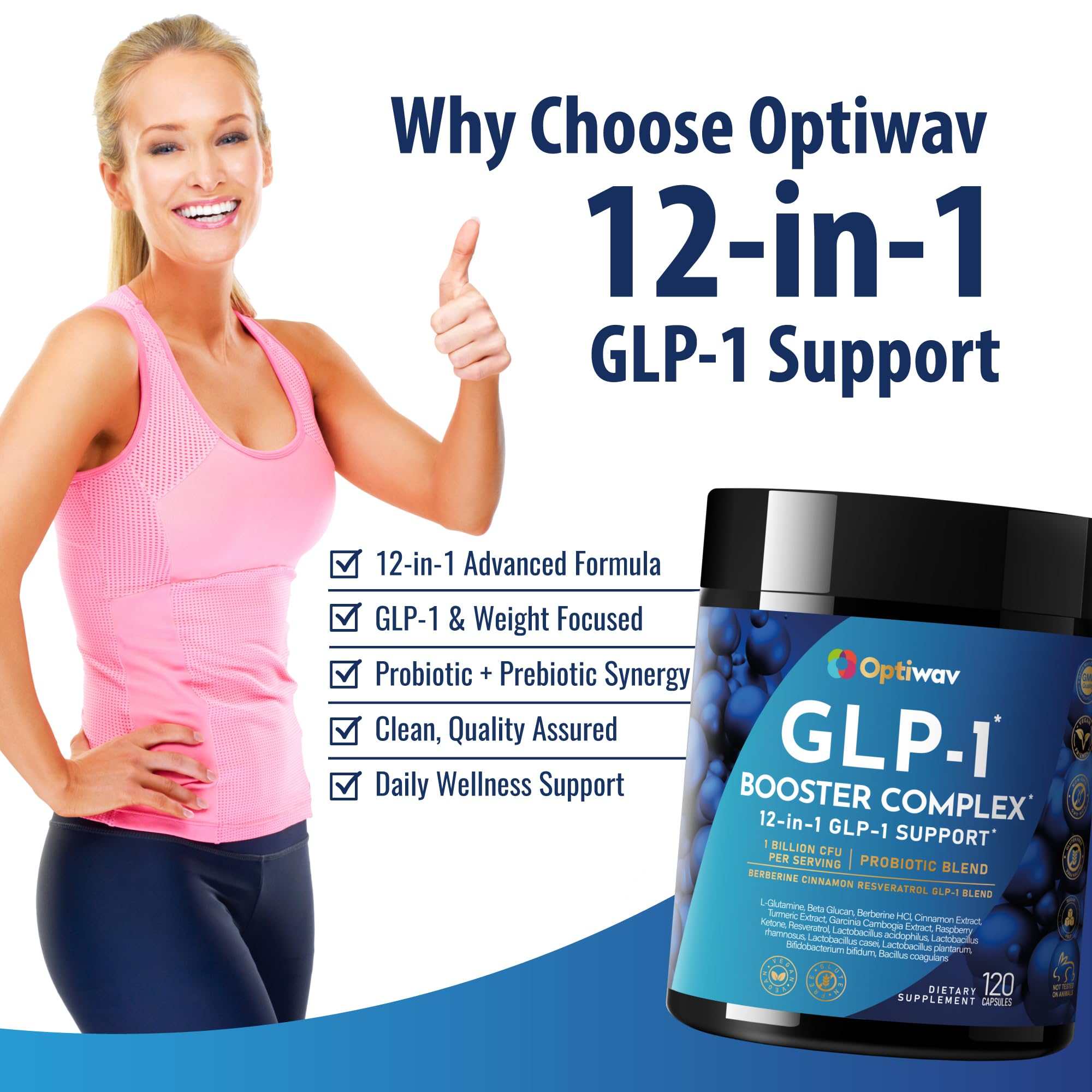 Optiwav GLP-1 Probiotic Weight Loss Supplement - Natural GLP-1 Booster for Appetite Control, Metabolism & Gut Health