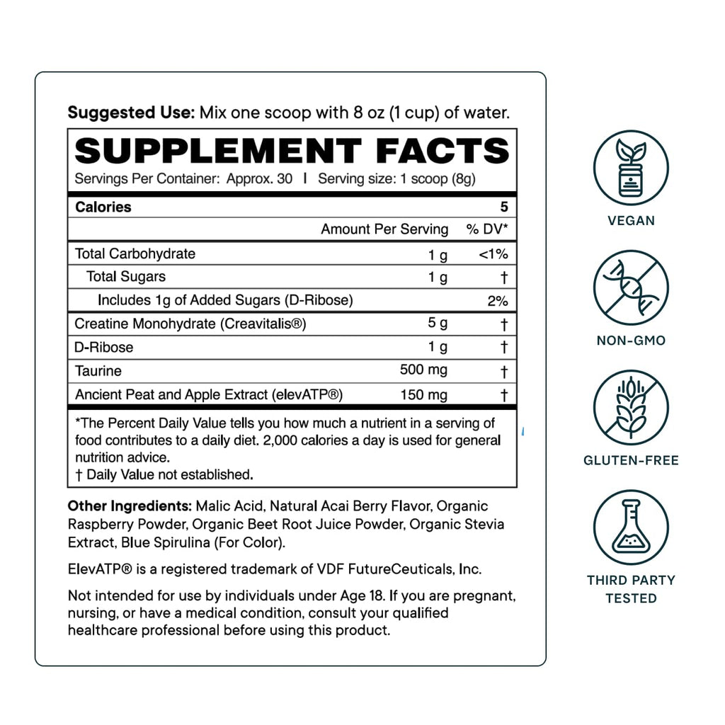 Ora Organic Creatine Monohydrate Powder – Acai Berry, 30 Servings | German-Sourced Creavitalis, elevATP, D-Ribose & Taurine