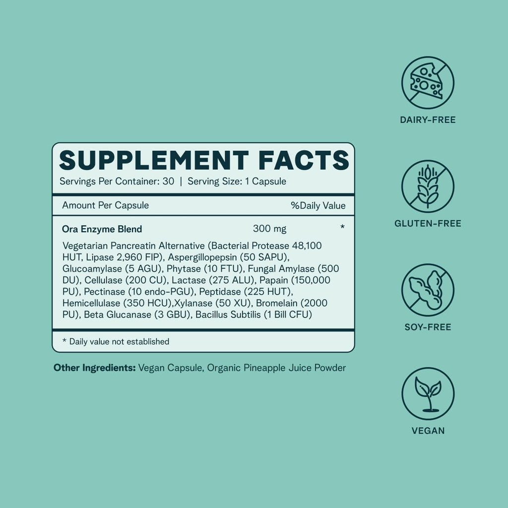 Ora Organic Multi-Enzyme Supplement – Vegan, Gluten Free Digestive Enzymes with Probiotics | 30 Capsules