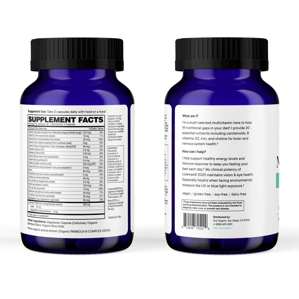 Ora Organic Plant Based Multivitamin for Women & Men | Blue Light Protection