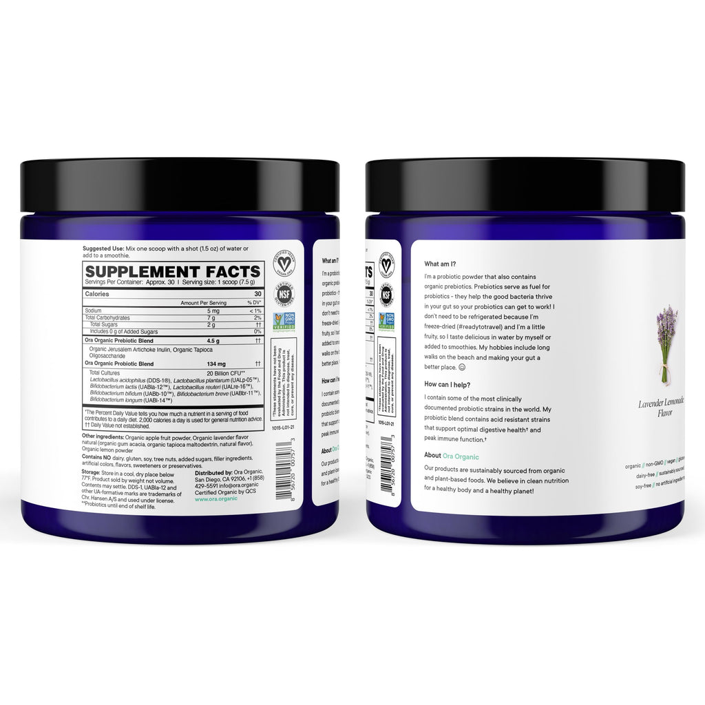 Ora Organic Prebiotic & Probiotic Powder – 20B CFU, 7 Strains, Lavender Lemonade, 30 Servings
