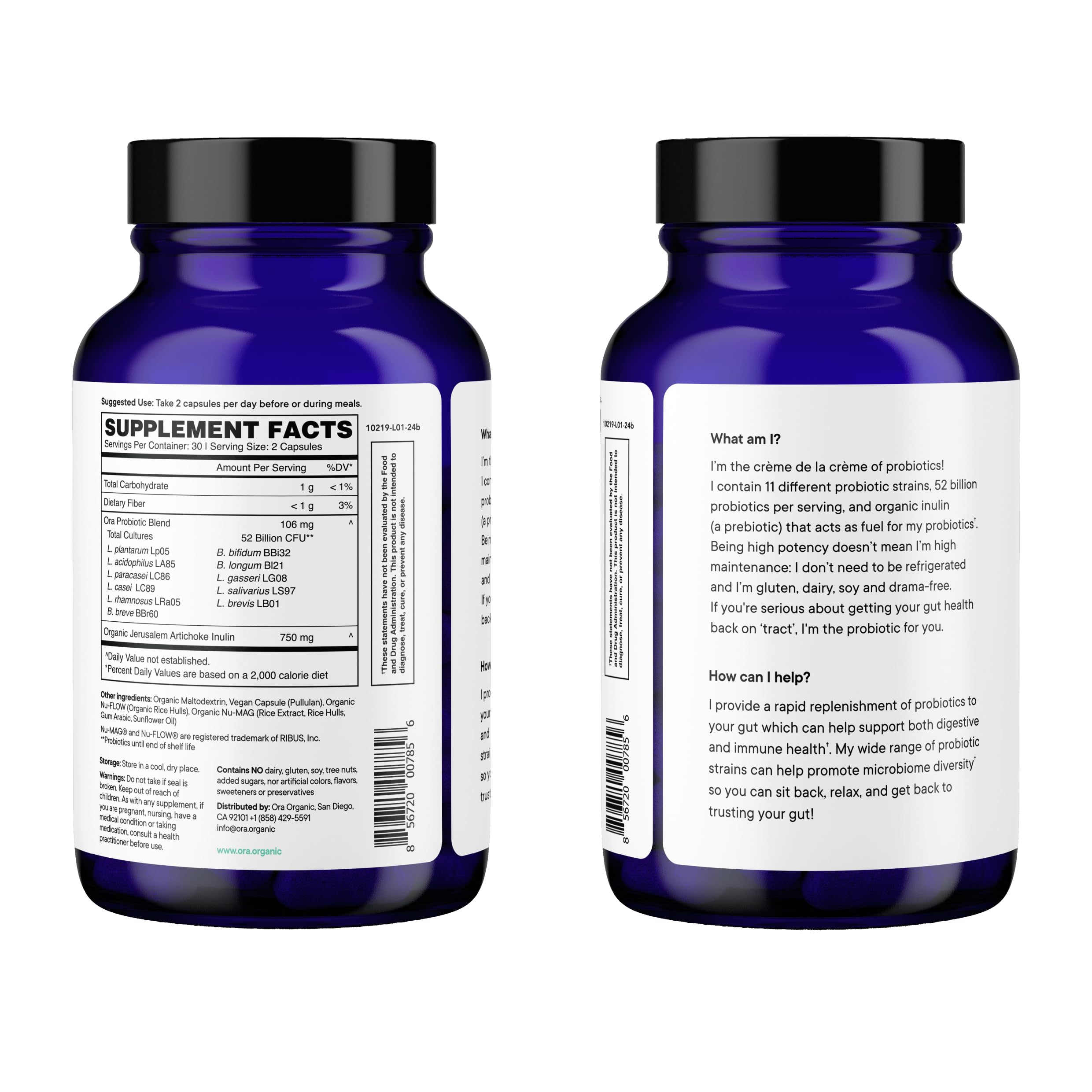 Ora Organic Probiotics with Prebiotics — 52 Billion CFU, 11 Strains, Gluten Free, 60 Capsules