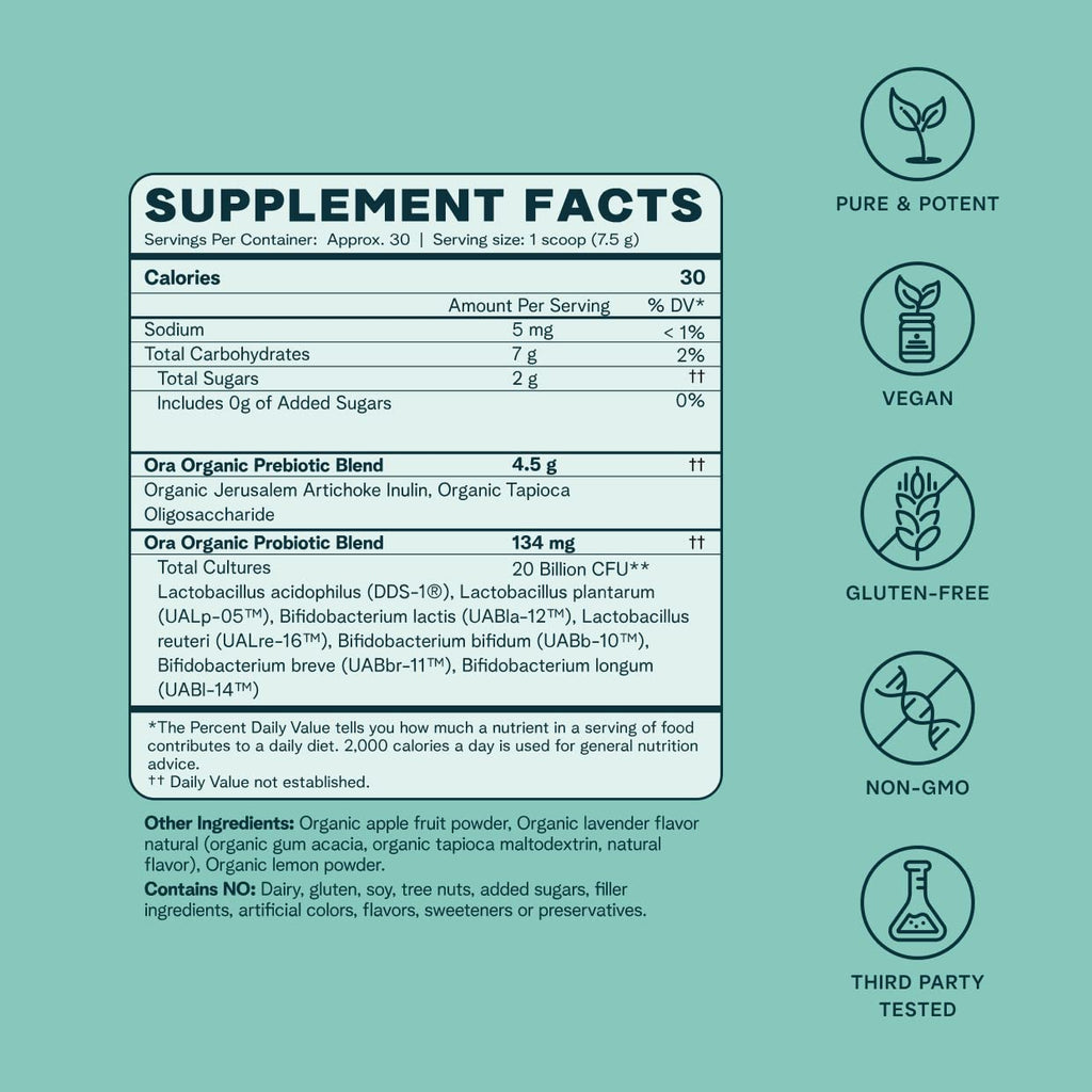 Ora Organic Prebiotic & Probiotic Powder – 20B CFU, 7 Strains, Lavender Lemonade, 30 Servings