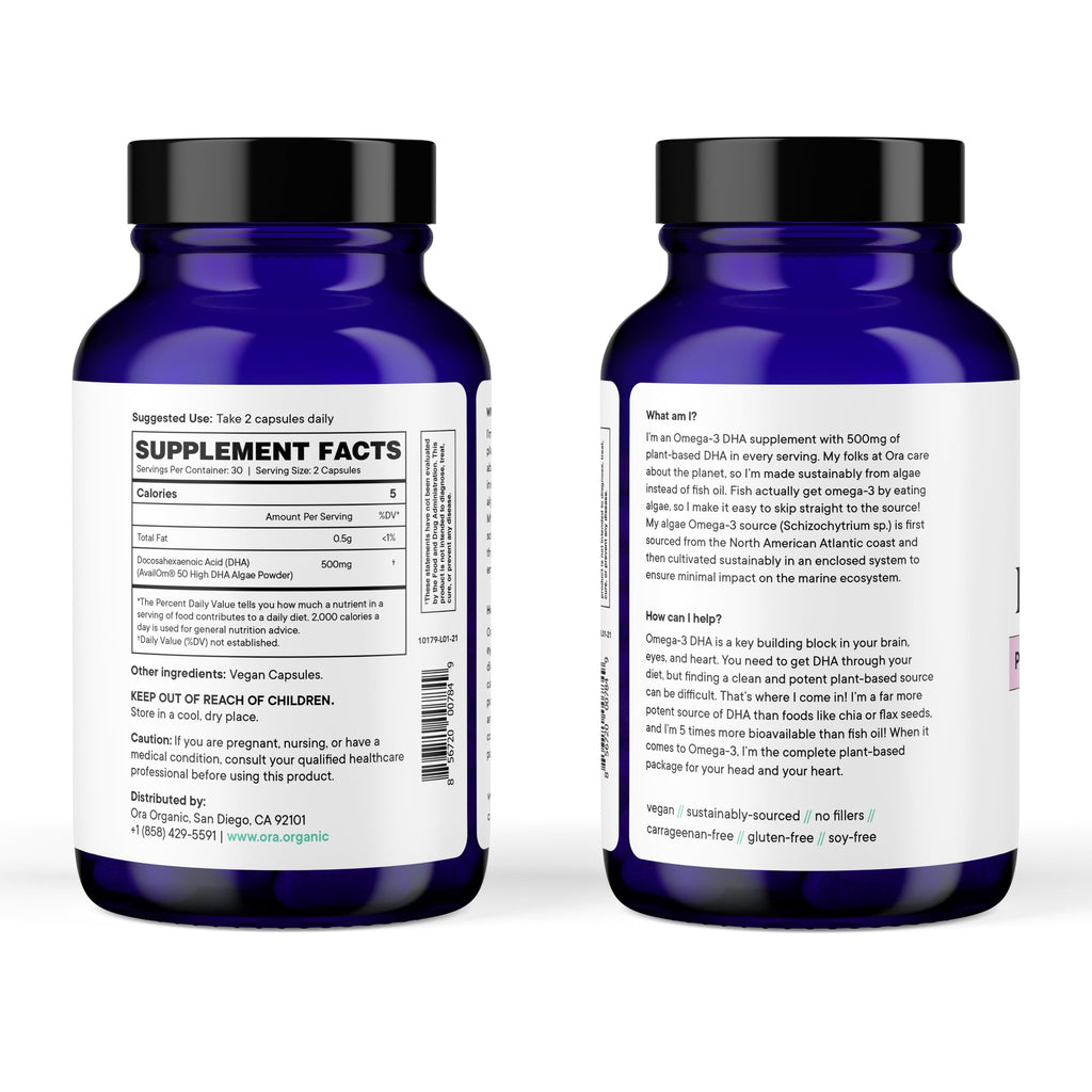 Ora Organic Vegan Omega-3 DHA 500mg – Algae-Sourced | Brain, Eye & Heart Health | 60 Capsules