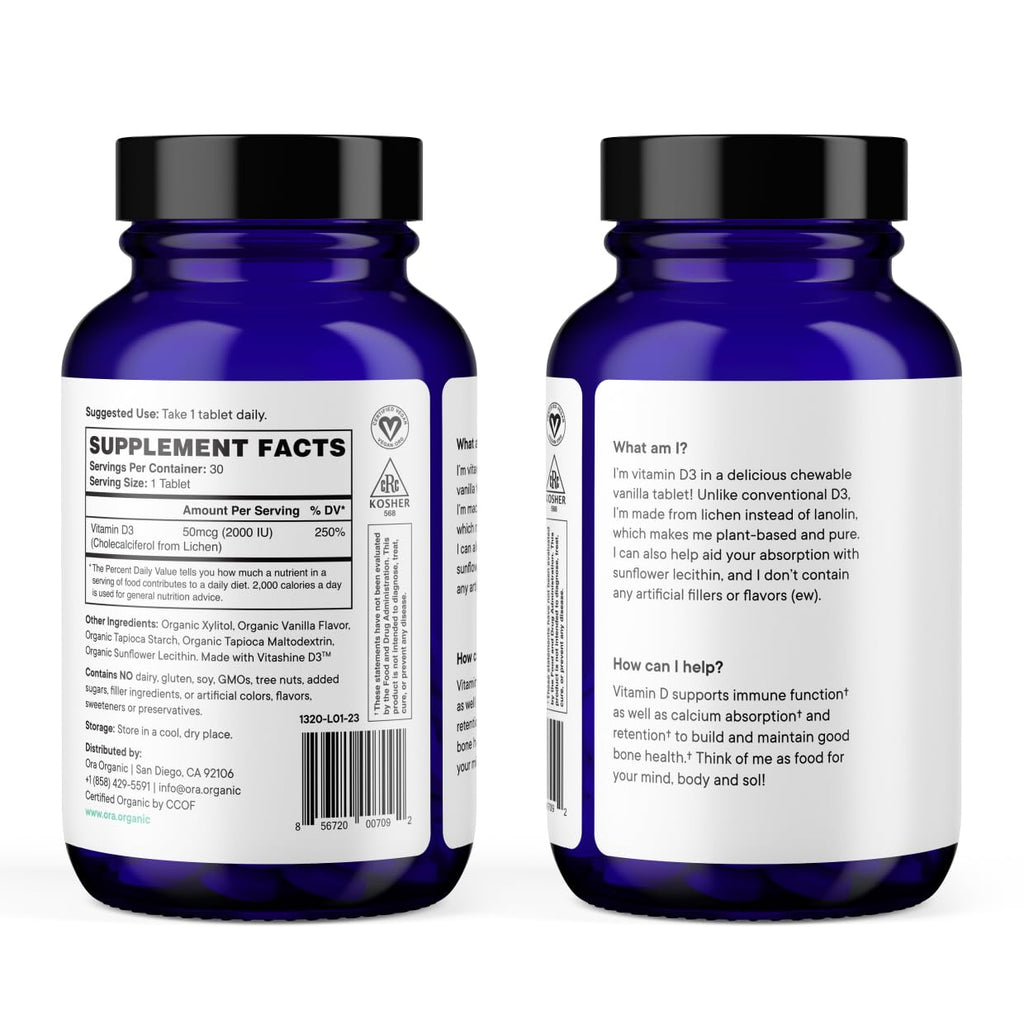 Ora Organic Vitamin D3 2000IU – Vegan Lichen D3 Chewables for Immune Support, Bone Health & Mood | 30 Vanilla Tablets