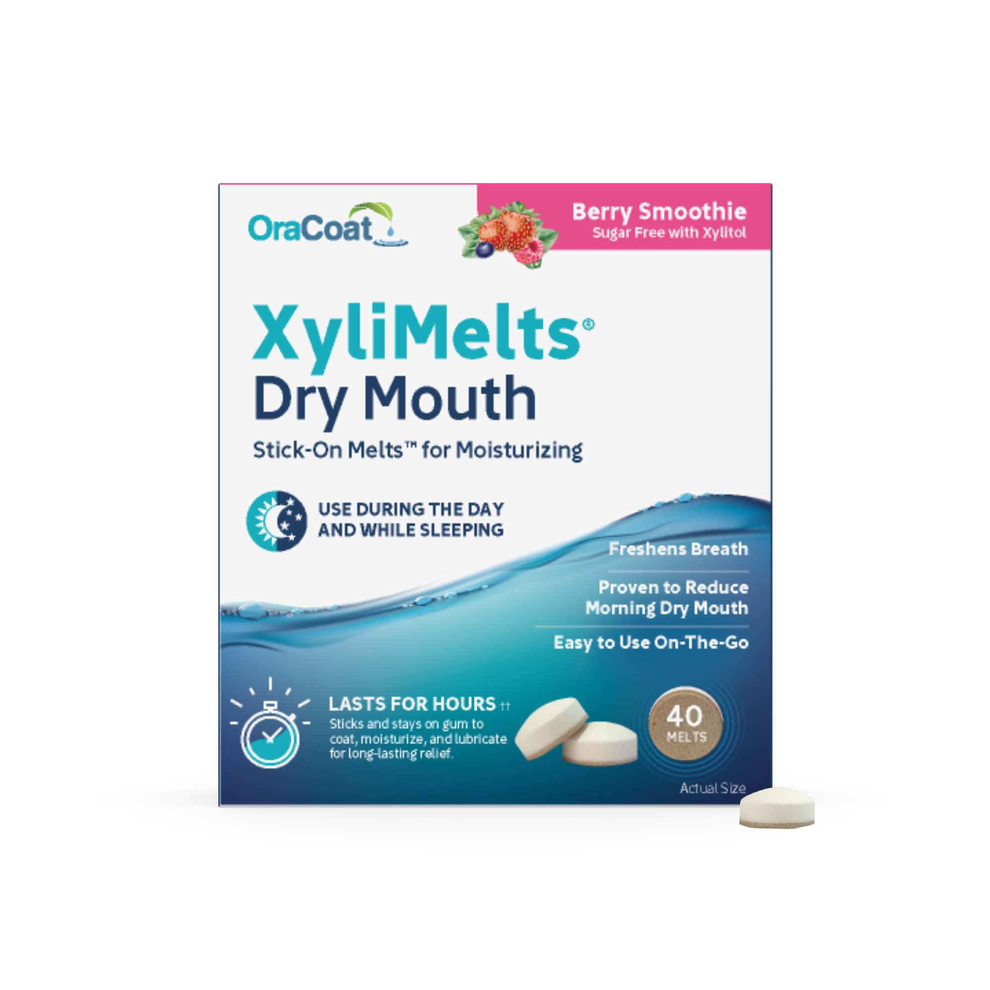 Oracoat XyliMelts – Dry Mouth Relief Discs, Berry Smoothie, Sugar Free with Xylitol, 40 Count, 8-Hour Relief