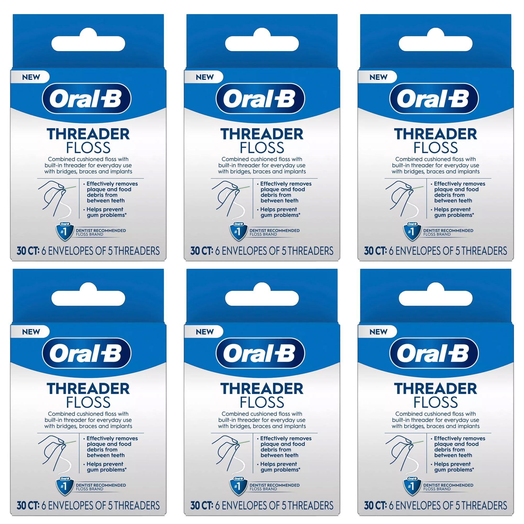 Oral-B Glide Threader Floss, 30-Count (Pack of 6) | Braces & Implants