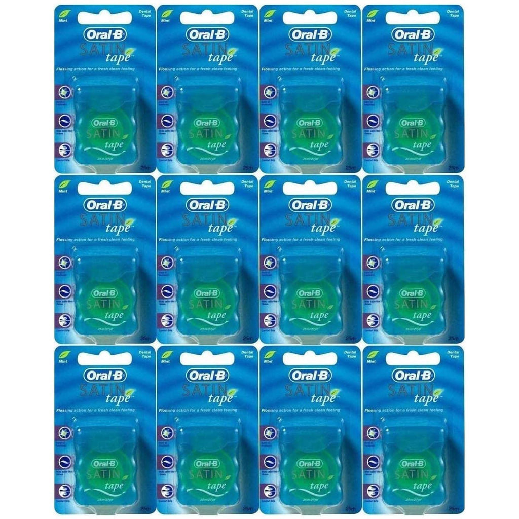 Oral-B Satin Tape Dental Floss 25m (12 Pack) Mint – 2-Layer Ribbon Floss