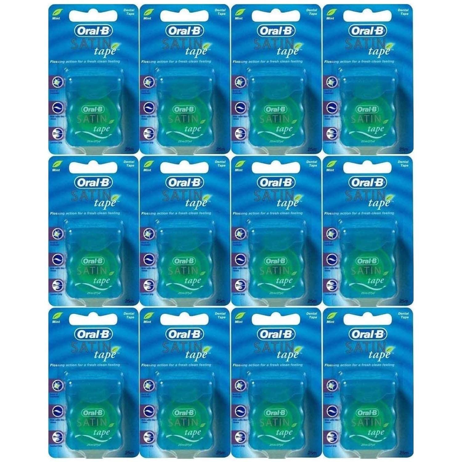 Oral-B Satin Tape Dental Floss 25m (12 Pack) Mint – 2-Layer Ribbon Floss