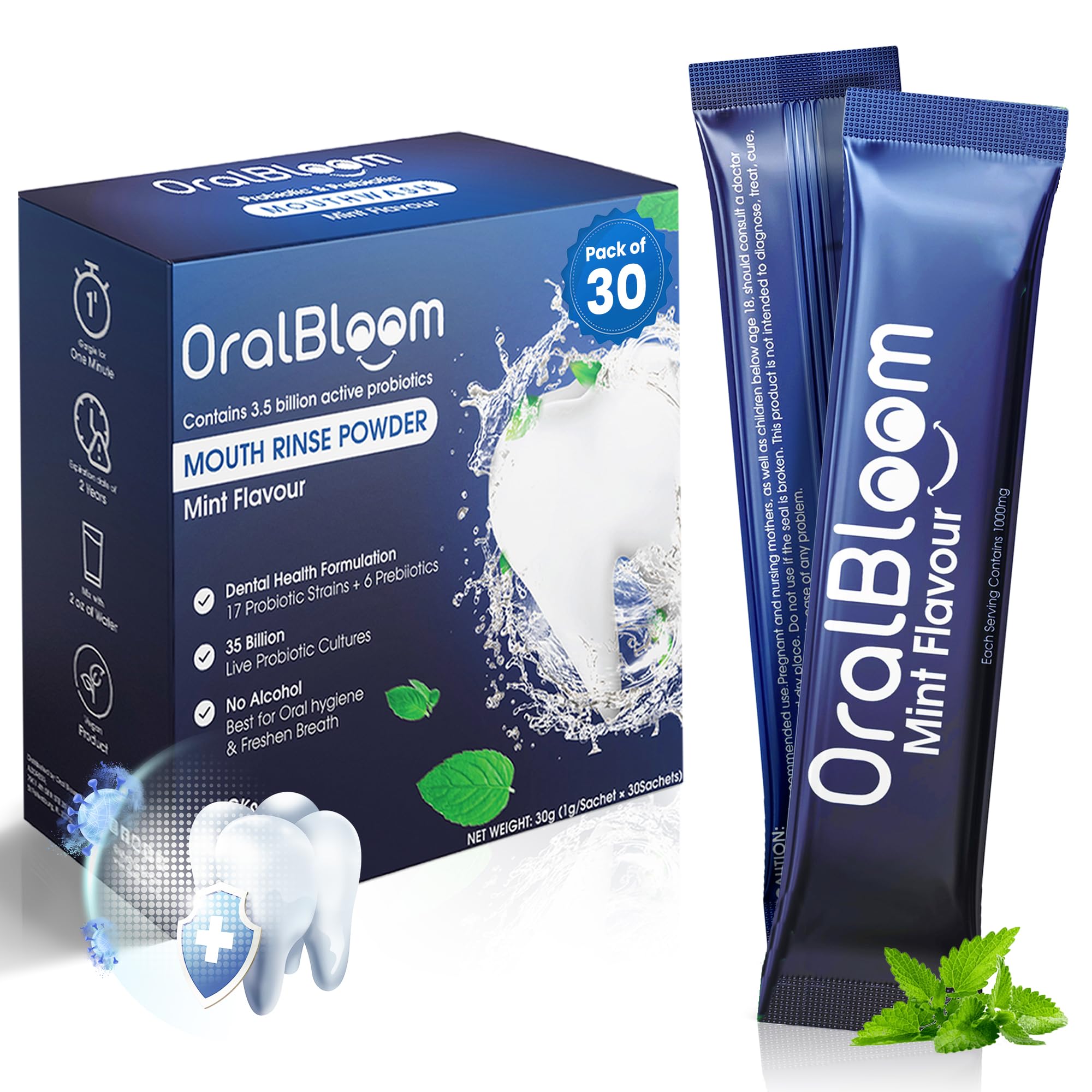 Oral Bloom Dentel Probiotic & Prebiotic Mouthwash – Mint, 35B CFU, 17/6, Powder (30 Pack)