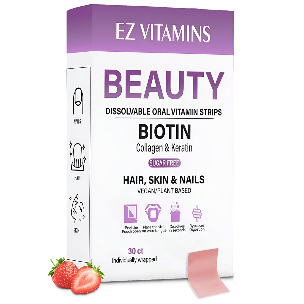 Oral Strips for Hair, Skin & Nails – Biotin, Collagen & Folate | Strawberry Flavor, Sugar Free