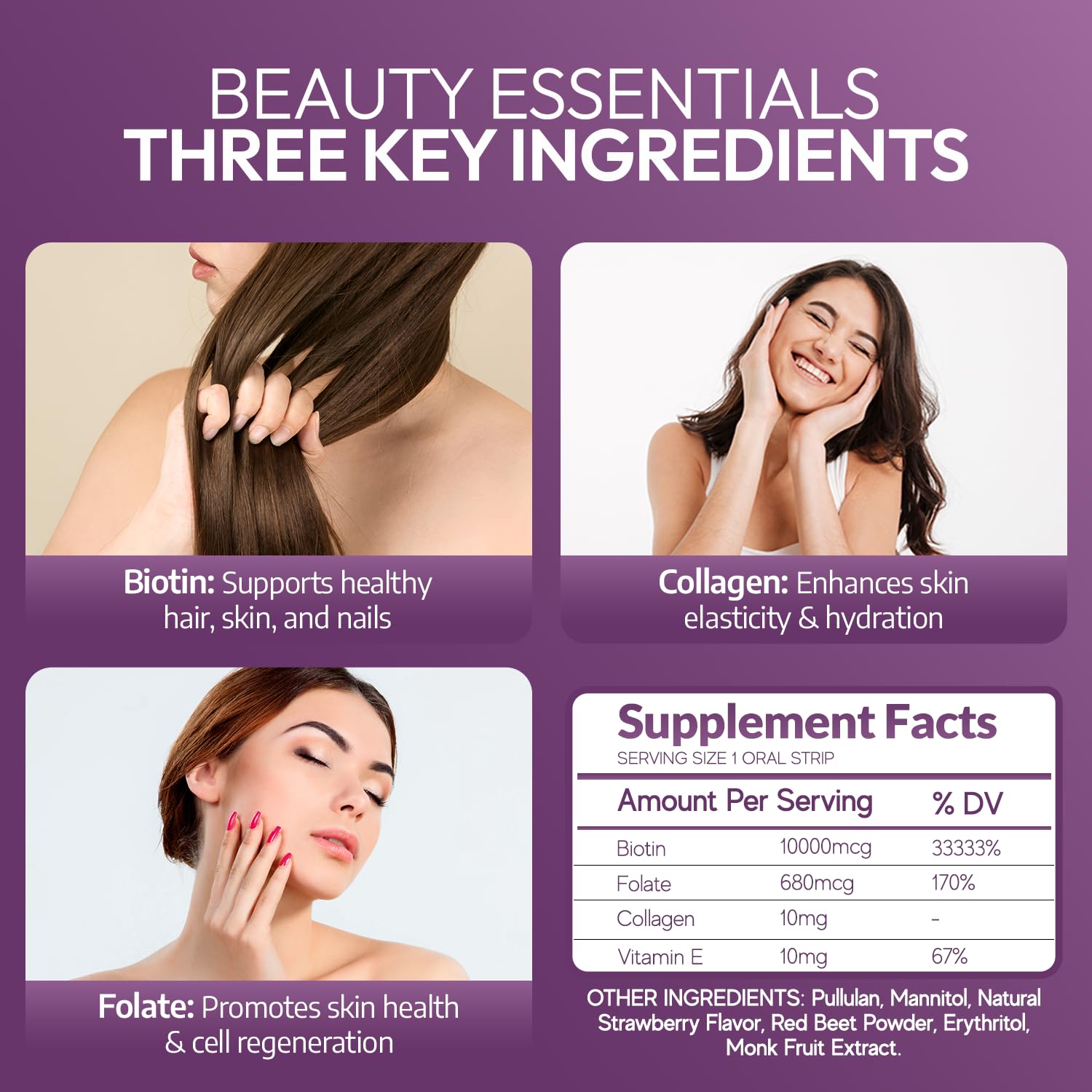 Oral Strips for Hair, Skin & Nails – Biotin, Collagen & Folate | Strawberry Flavor, Sugar Free