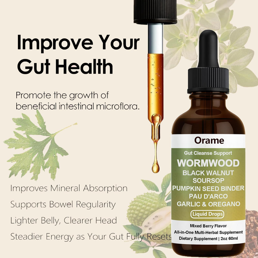 Orame Wormwood Gut Cleanse Liquid Drops – Prozen Wormwood, Black Walnut, Clove, Soursop, 2 oz