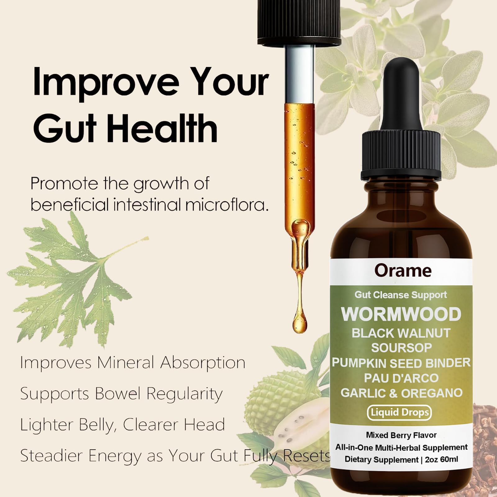 Orame Wormwood Gut Cleanse Liquid Drops – Prozen Wormwood, Black Walnut, Clove, Soursop, 2 oz