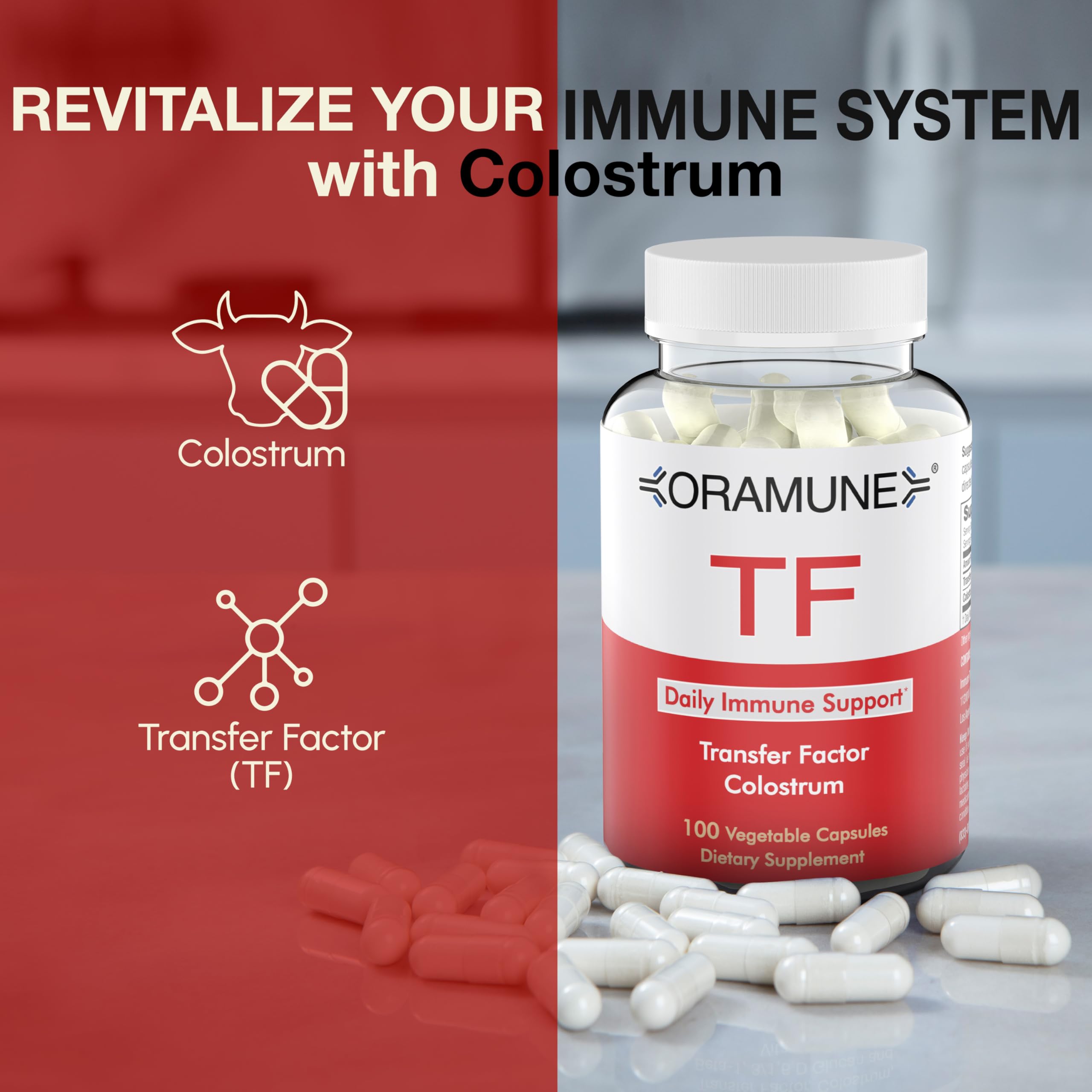 Oramune Transfer Factor & Colostrum Supplement | Bovine Colostrum Capsules for Immunity & Wellness - 100 Capsules