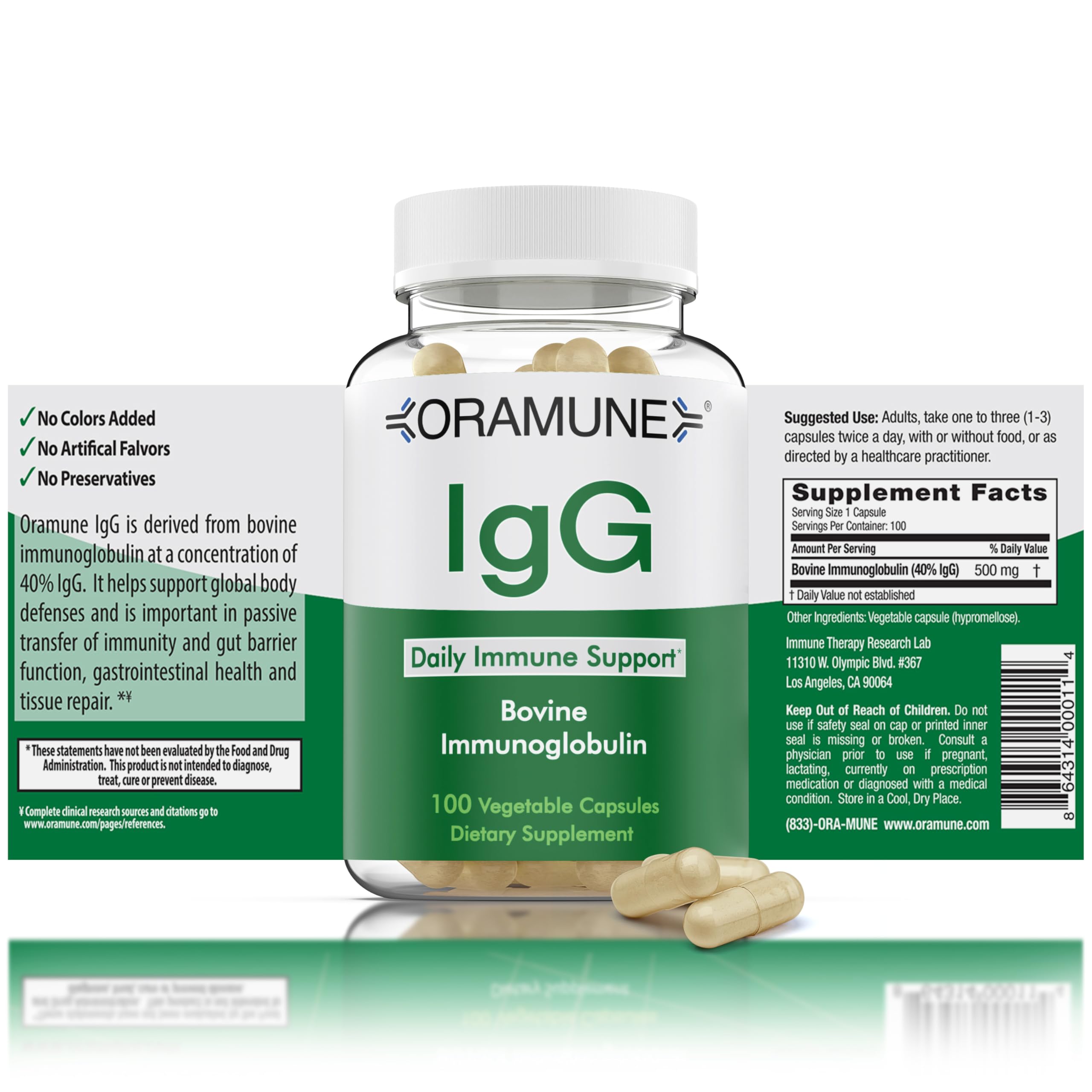 Oramune Support: IgG Colostrum Immunoglobulin 500mg | Transfer Factor & 100 Capsules