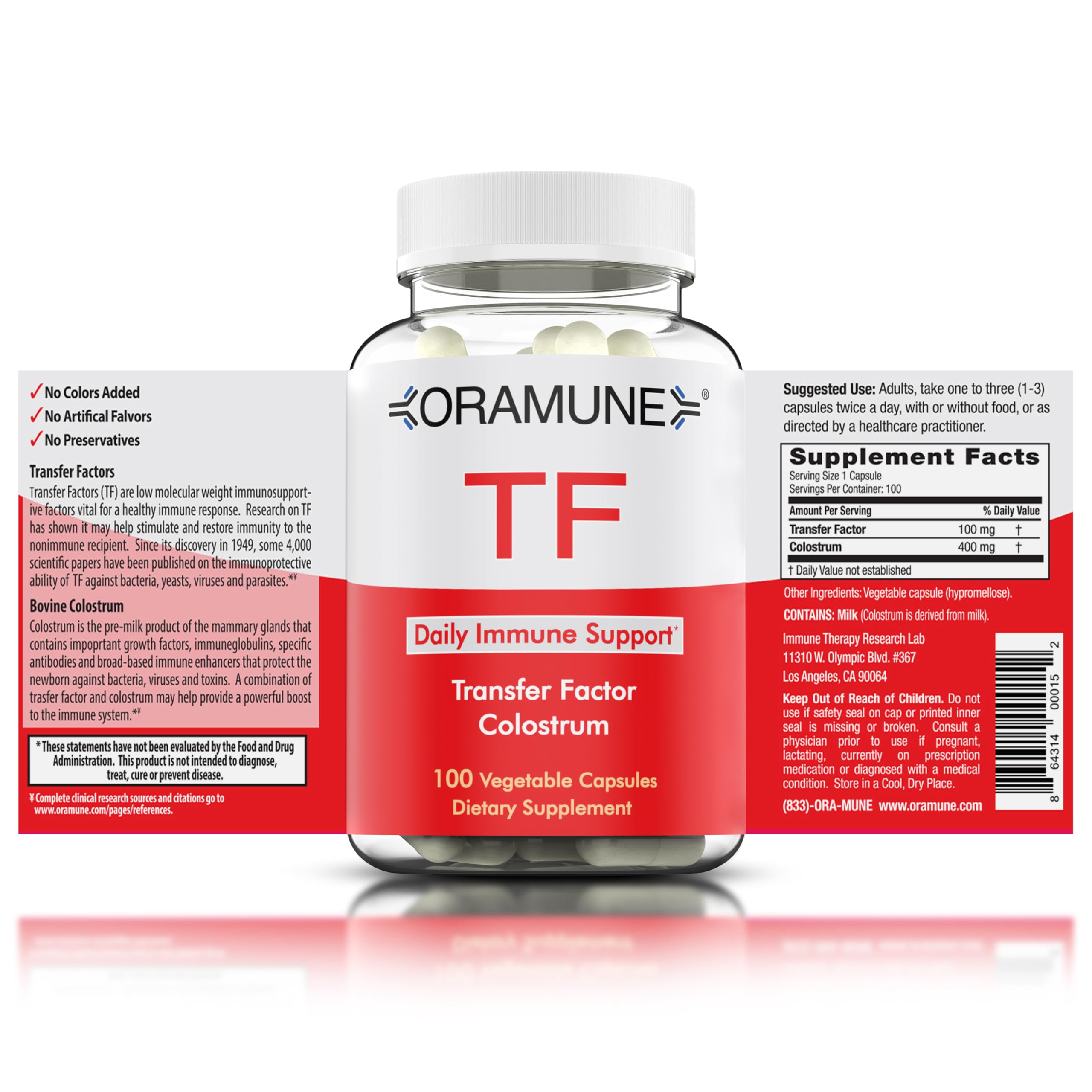 Oramune Transfer Factor & Colostrum Supplement | Bovine Colostrum Capsules for Immunity & Wellness - 100 Capsules