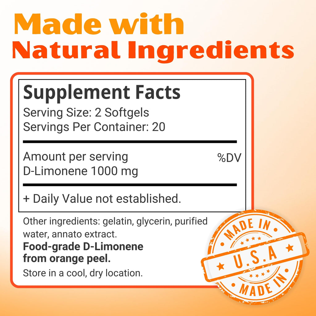 Orange Burps | D-Limonene Soft Gels for Heartburn Relief, GERD Support & Digestive Comfort | 1,000 mg