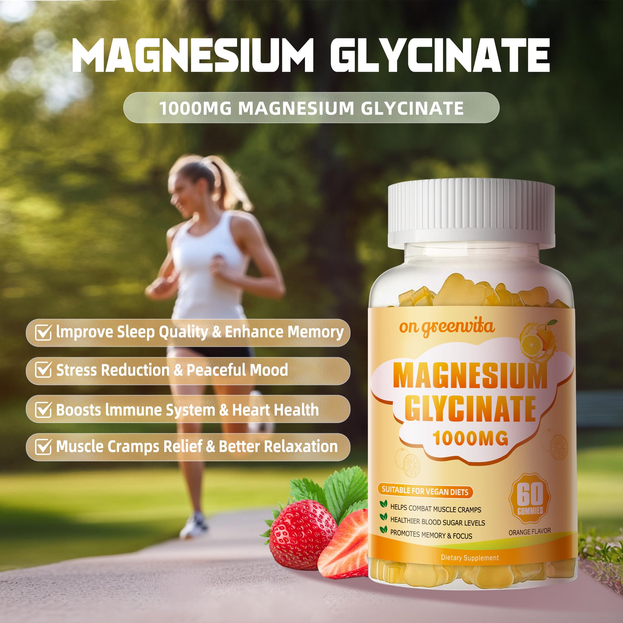 Magnesium Glycinate Gummies 1000mg - Sugar Free Magnesium Potassium Supplement with Vitamin D, B6, CoQ10 for Calm Mood & Sleep Support - 120 Orange Gummies 2 Pack