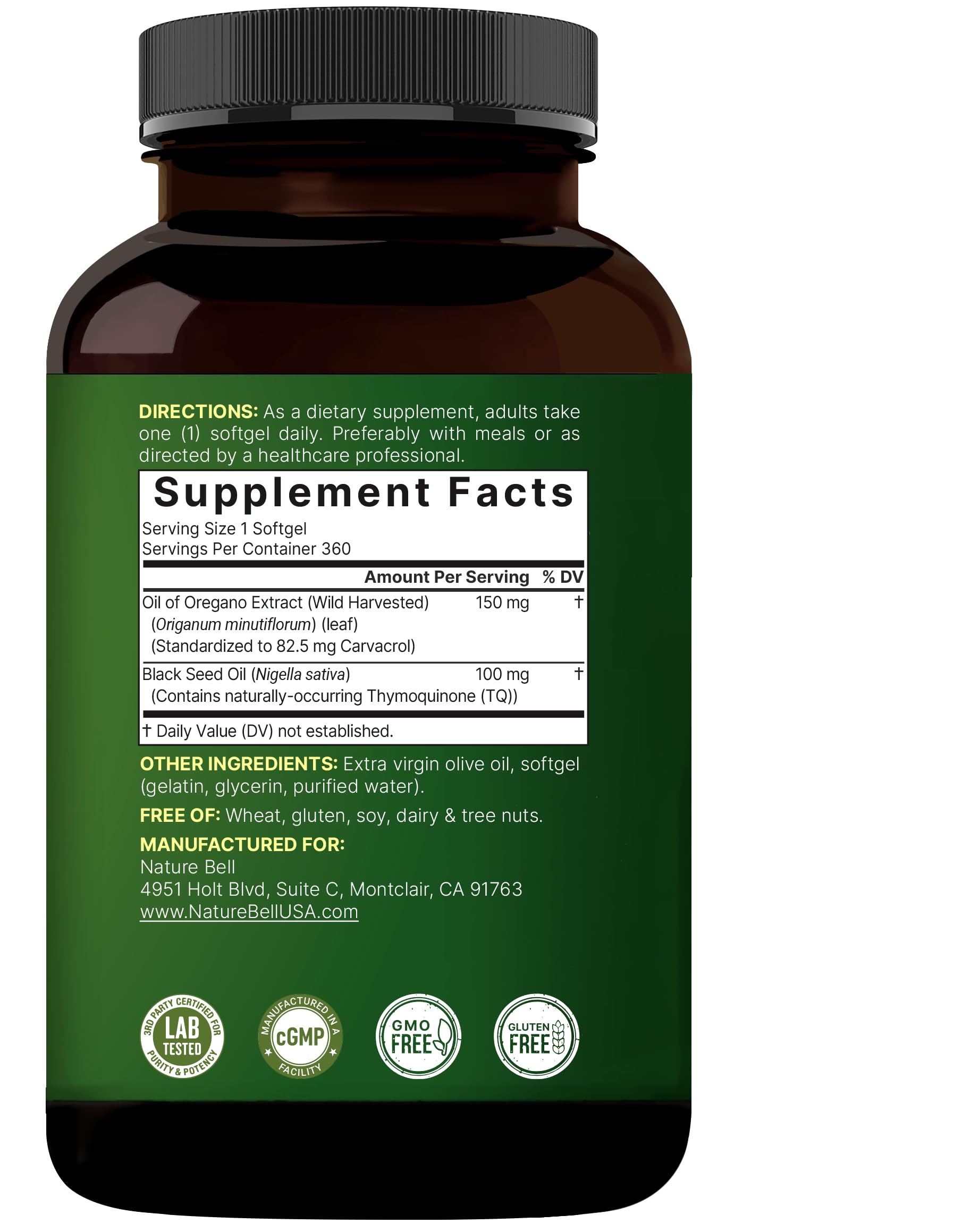 NatureBell Oregano Oil 7,500mg with Black Seed Oil | 360 Softgels | Immune Health | Non-GMO