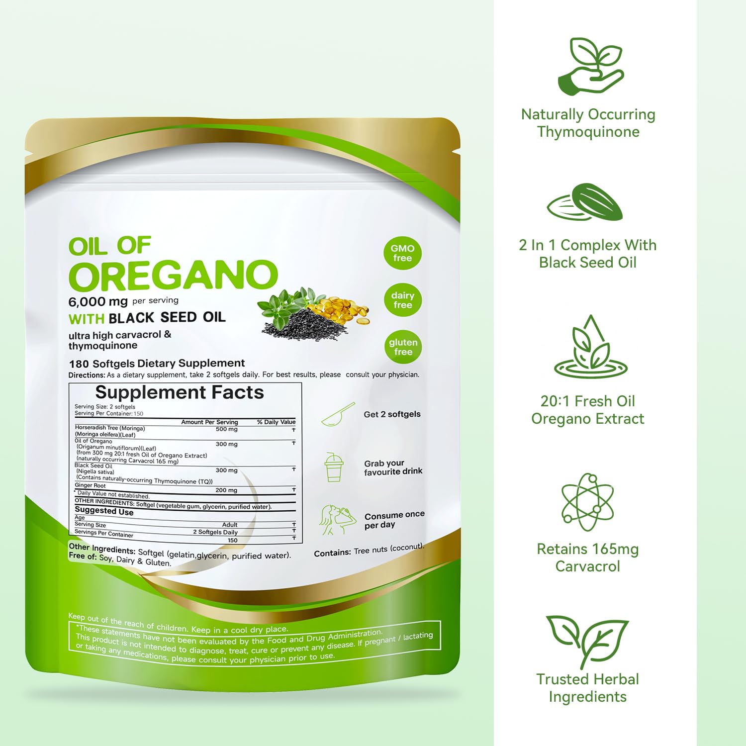 MTMULT Oil of Oregano with Black Seed Oil & Moringa – 6000mg, 180 Softgels (Carvacrol‑Rich, Opaque Packaging)