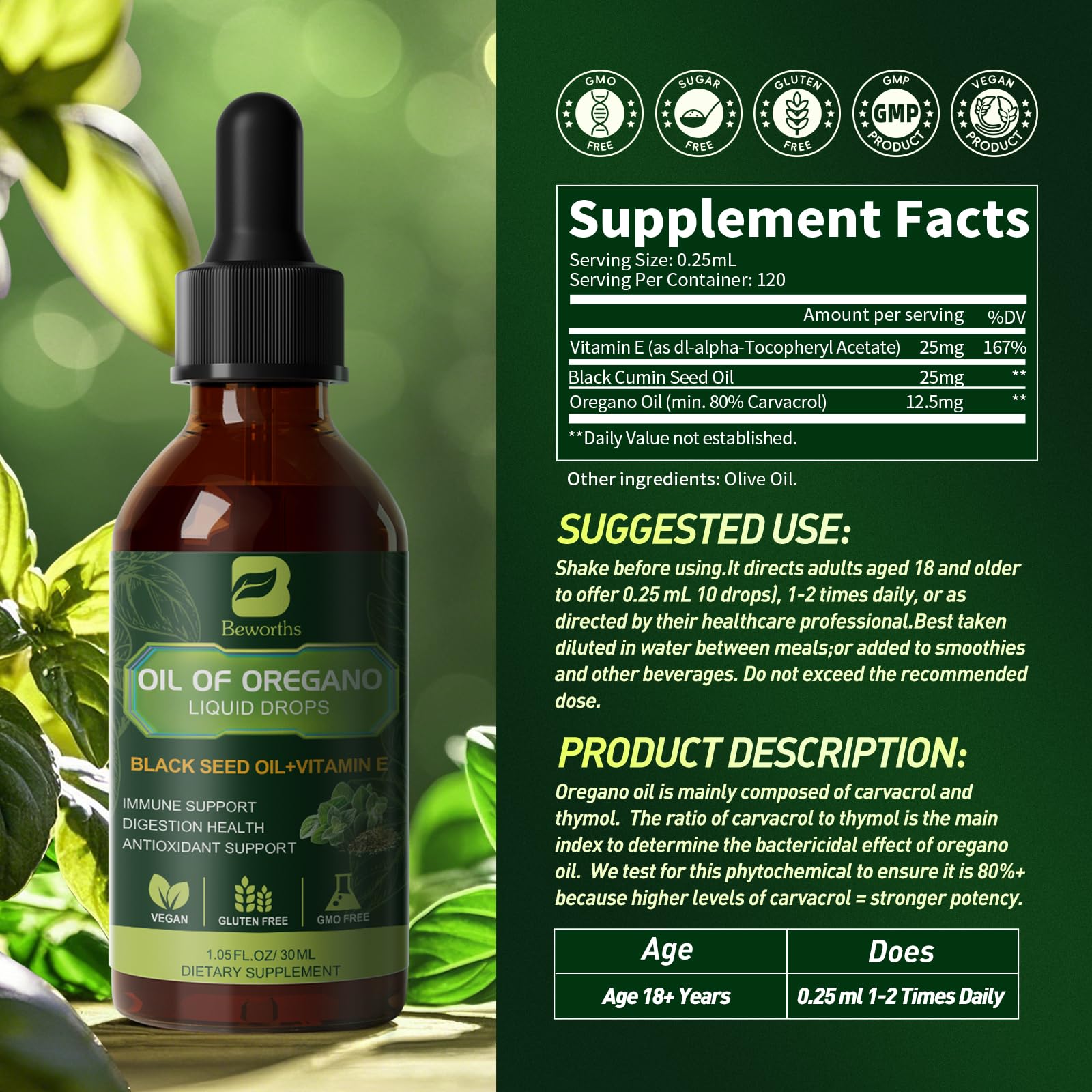 Oregano Oil Drops with Black Seed Oil & Vitamin E – Immune Support | Vegan & Non-GMO | 1 Fl Oz