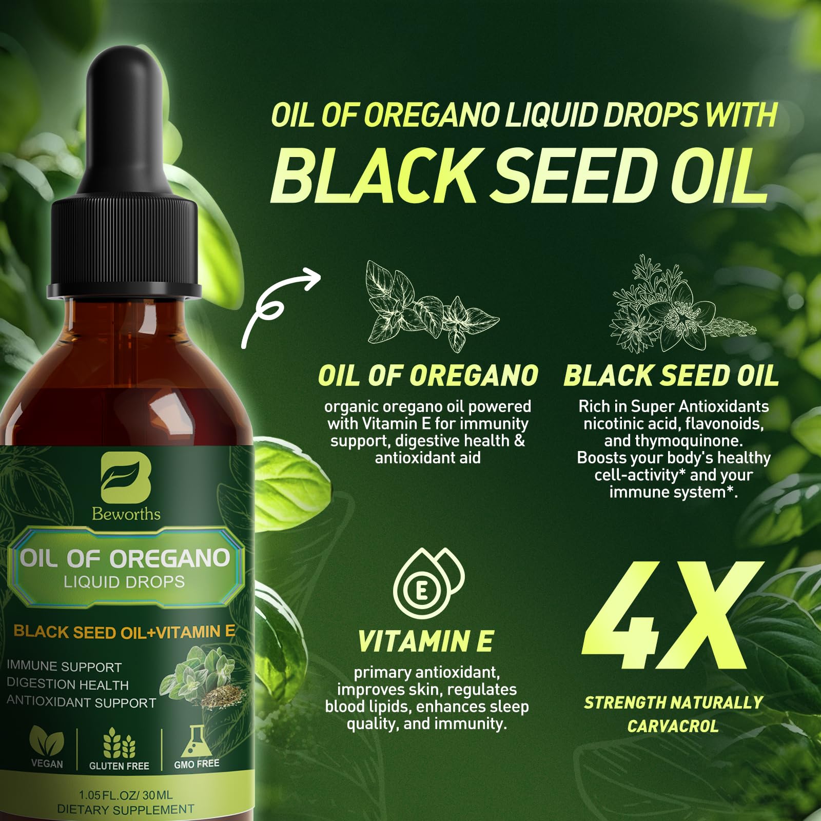 Oregano Oil Drops with Black Seed Oil & Vitamin E – Immune Support | Vegan & Non-GMO | 1 Fl Oz
