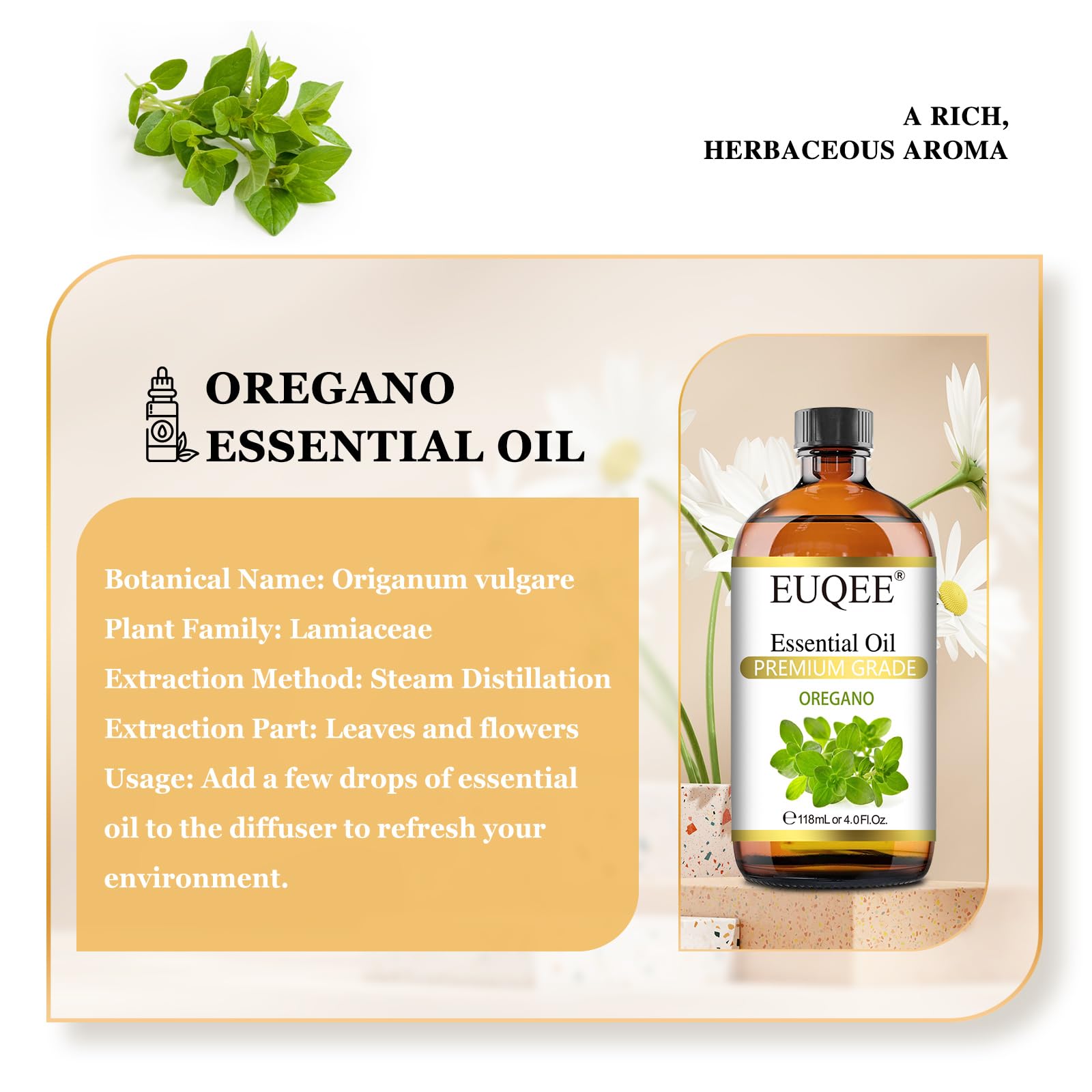 EUQEE Oregano Essential Oil 4oz / 118ml – Pure Aromatherapy with Glass Dropper