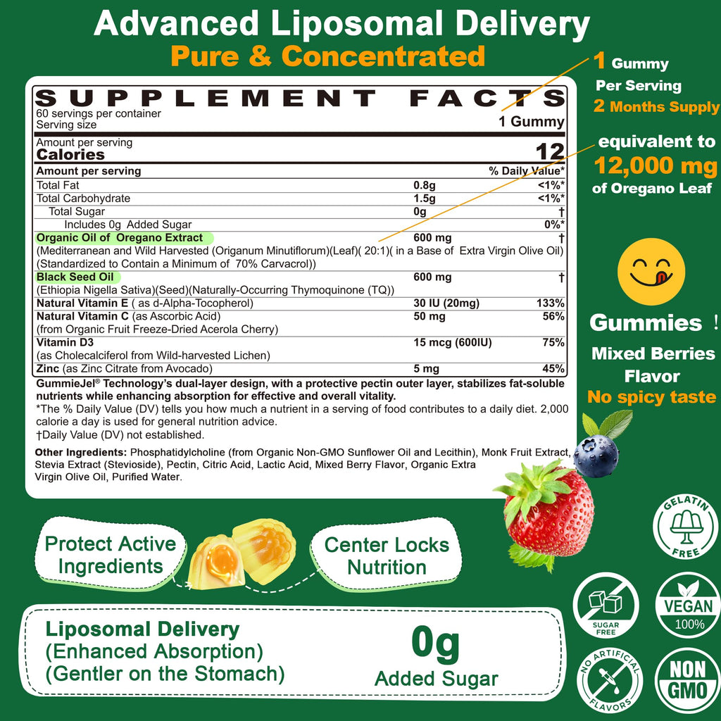 Oil of Oregano with Black Seed Oil Gummies – Liposomal, Sugar Free (2 Months) | Immune Support
