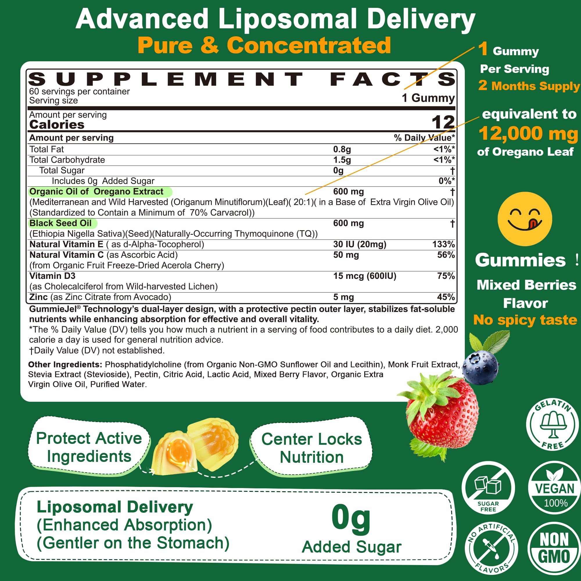 Oil of Oregano with Black Seed Oil Gummies – Liposomal, Sugar Free (2 Months) | Immune Support