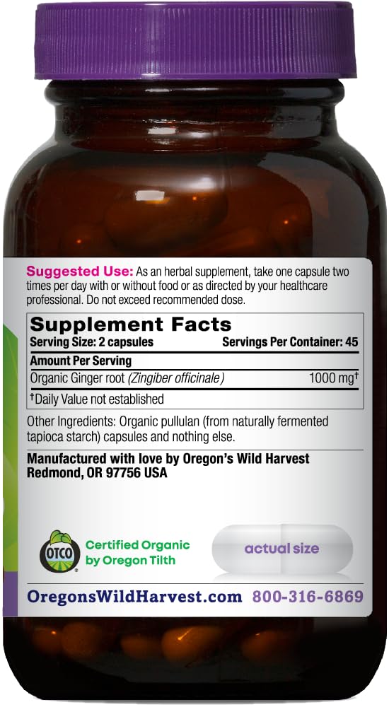 Oregon's Wild Harvest Organic Ginger Capsules – 1000 mg, Non-GMO, Stomach Support (90 Count)