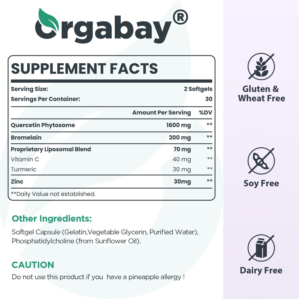 Orgabay Liposomal Quercetin Phytosome 1600 mg - Bromelain 200 mg, Zinc 30 mg, Vitamin C, Turmeric 40 mg | 60 Softgels | Highest Absorption Quercetin Complex