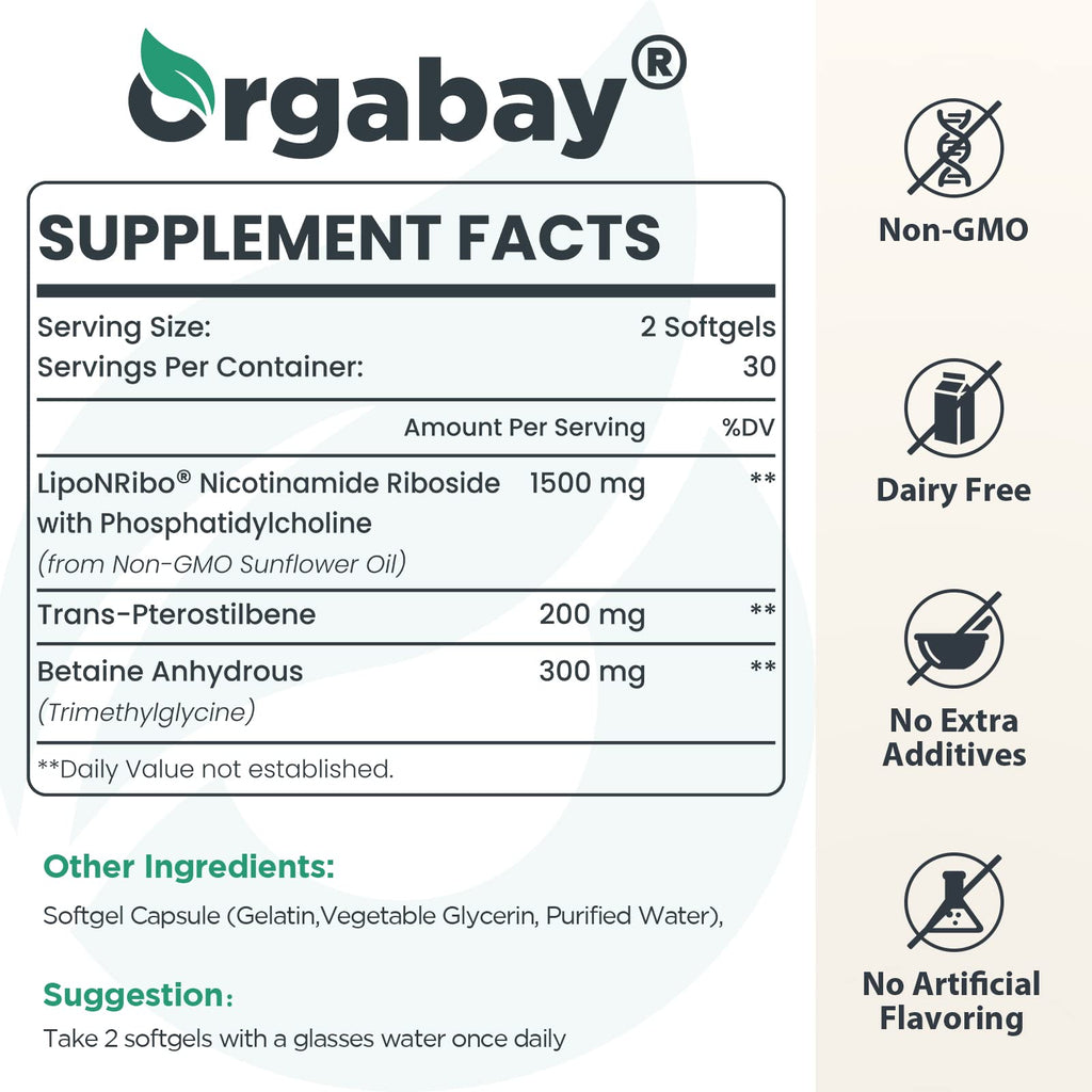 Orgabay Liposomal Nicotinamide Riboside 2000 MG with TMG and Pterostilbene – NAD+ Support for Healthy Aging, 120 Count