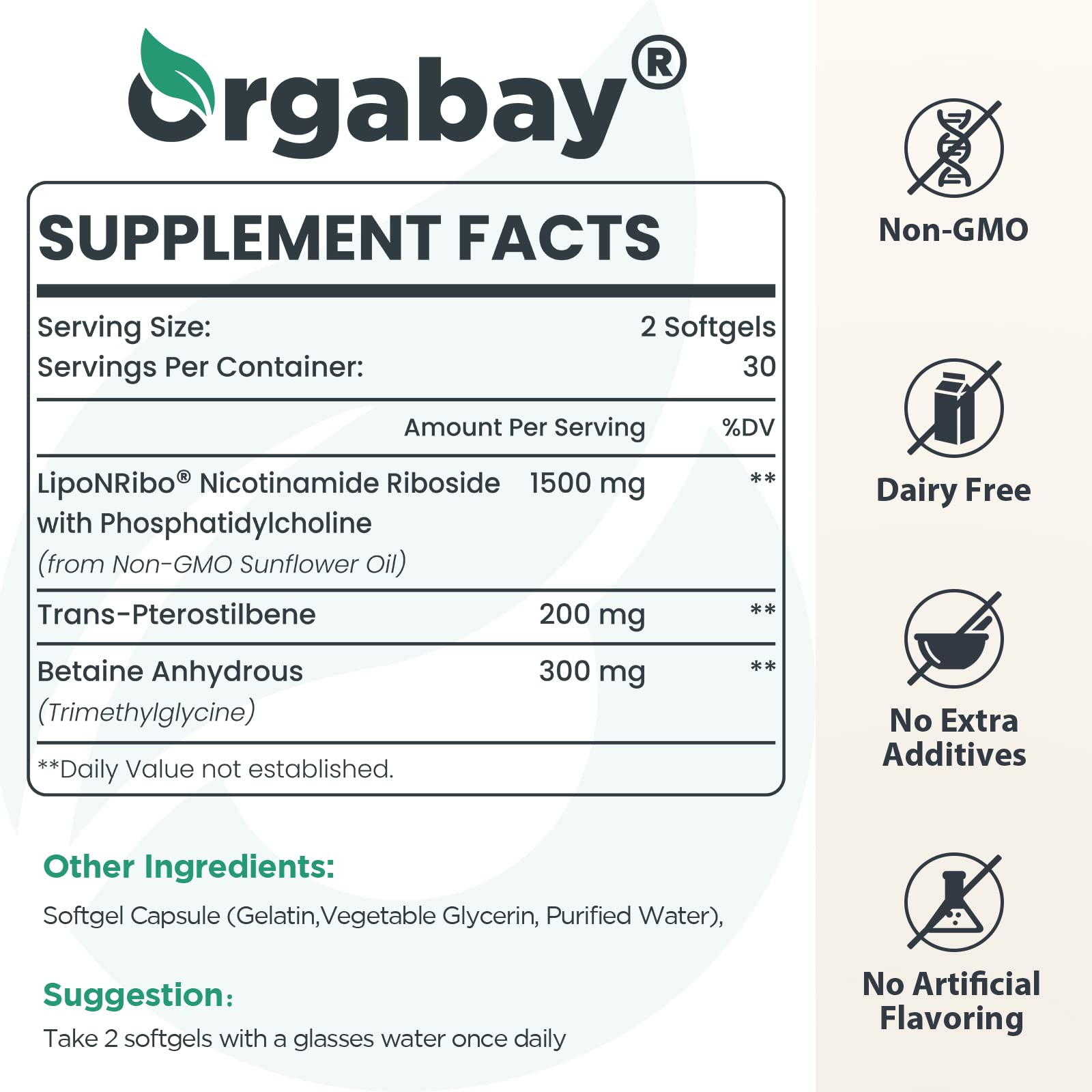 Orgabay Liposomal Nicotinamide Riboside 2000 MG with TMG and Pterostilbene – NAD+ Support for Healthy Aging, 120 Count