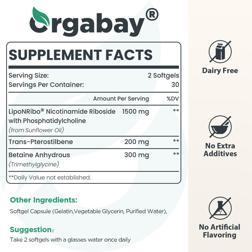Orgabay Liposomal NAD+ Supplement 500 mg | High Absorption with 250 mg TMG per Softgel | 120 Softgels