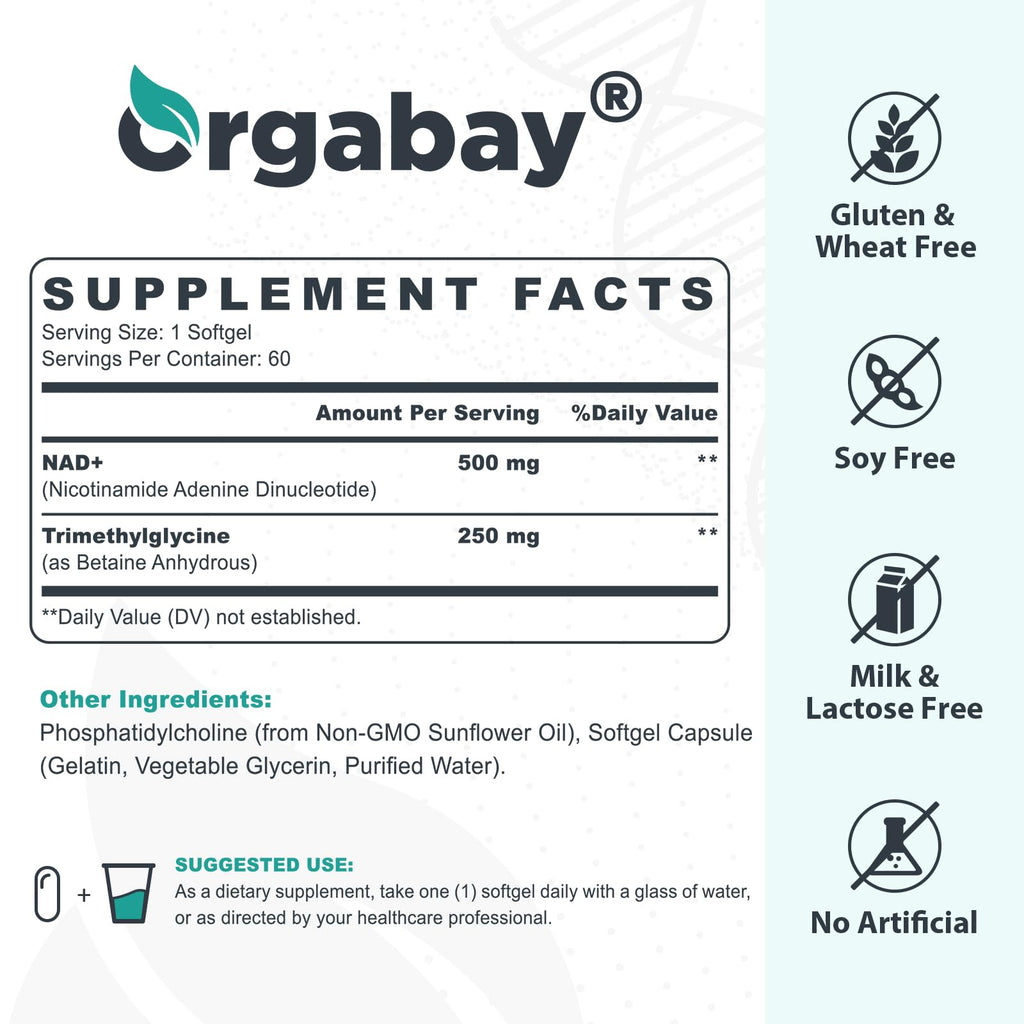 Orgabay Liposomal NAD+ Supplement 500 mg + 250 mg TMG | High Absorption, 60-Day Supply