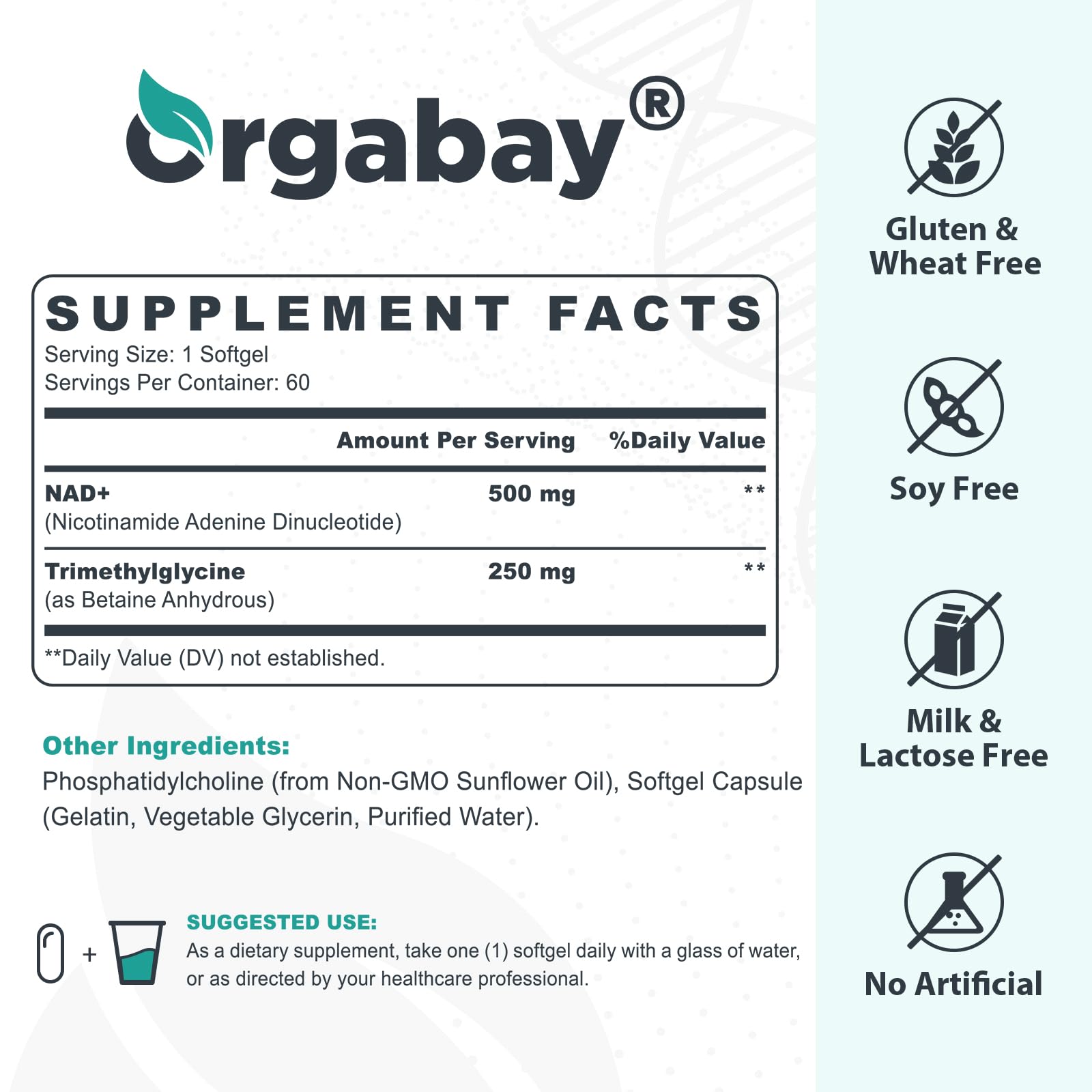 Orgabay Liposomal NAD+ Supplement 500 mg + 250 mg TMG | High Absorption, 60-Day Supply