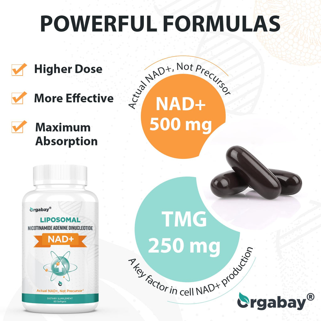 Orgabay Liposomal NAD+ Supplement 500 mg with 250 mg TMG — High Absorption, 180 Softgels